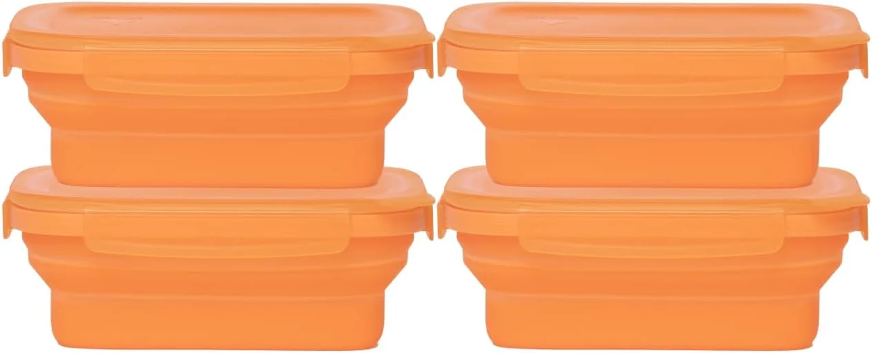 ظروف نگهداری غذای تاشو دریپ ای زد مدل Secondz - ست 4 عددی، ظروف دربسته صرفه جویی در فضا برای آماده سازی غذا و نگهداری باقیمانده - قابل استفاده در مایکروویو، فریزر و ماشین ظرفشویی، فاقد BPA، درب های قفل دار - نارنجی