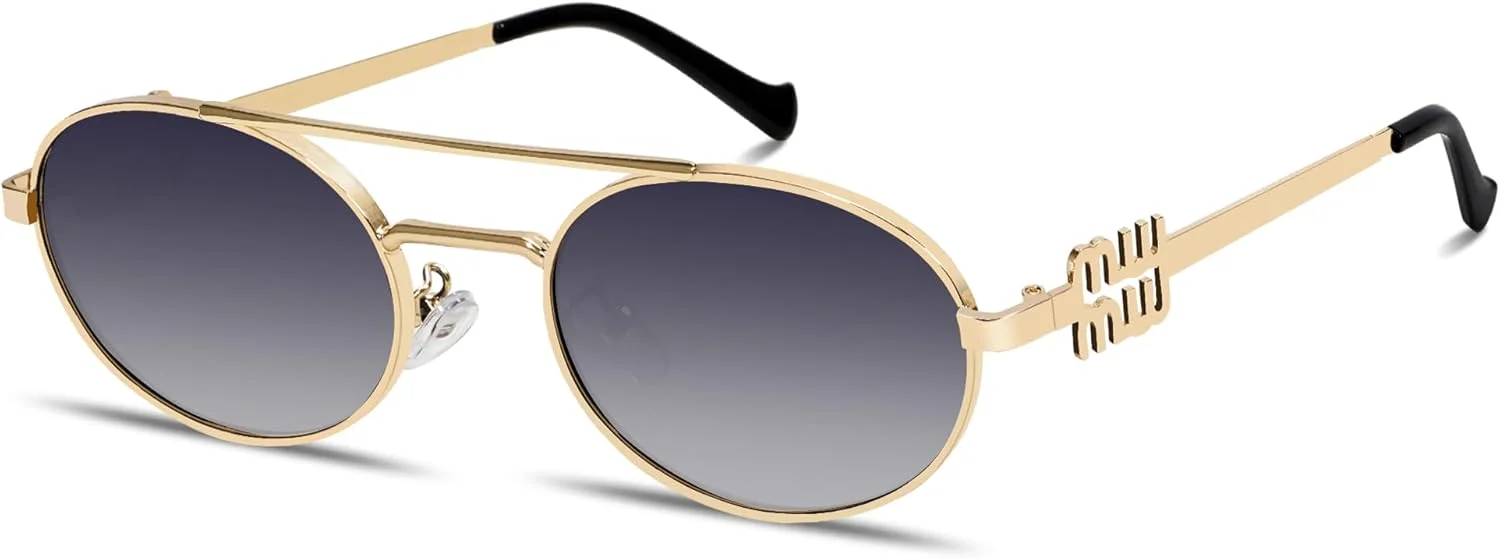 عینک آفتابی فلزی بیضی رترو دهه 90 برای زنان، عینک آفتابی باریک طلایی شیک و مد روز 2025