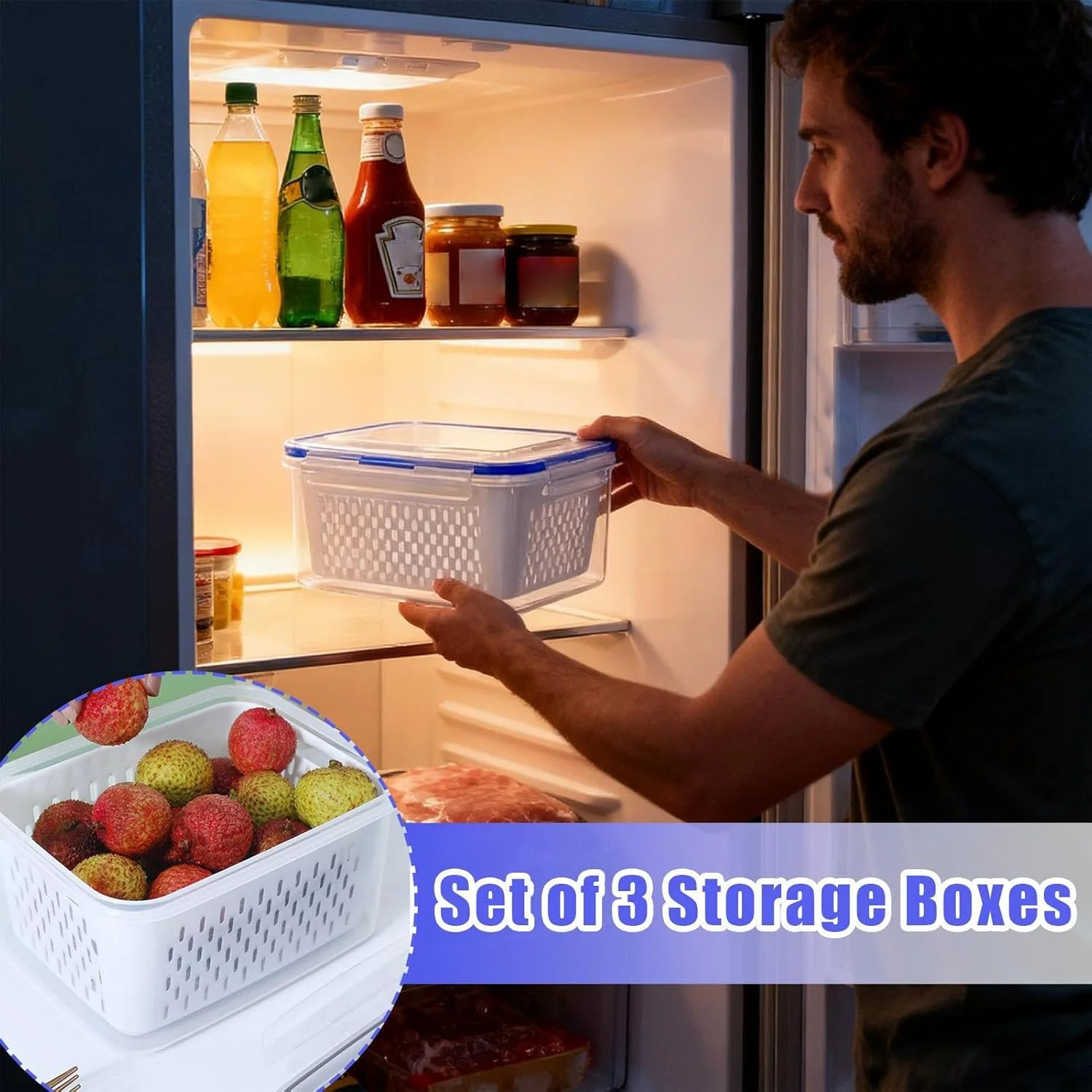 Fridge Fruit Storage Containers,Food Organizer with Removable Colander | Refrigerator Meal Box - for Microwave Freezer Fridge Kitchen Meal Prep Pantry Camping Picnic Lunch Snack Salad Fruit