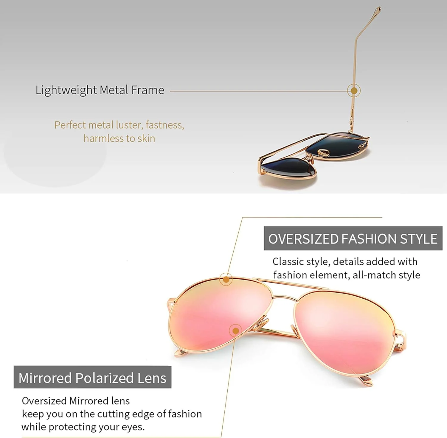 عینک آفتابی خلبانی بزرگ زنانه SUNGAIT - لنز پلاریزه آینه ای عینک آفتابی خلبانی بزرگ زنانه SUNGAIT - لنز پلاریزه آینه ای