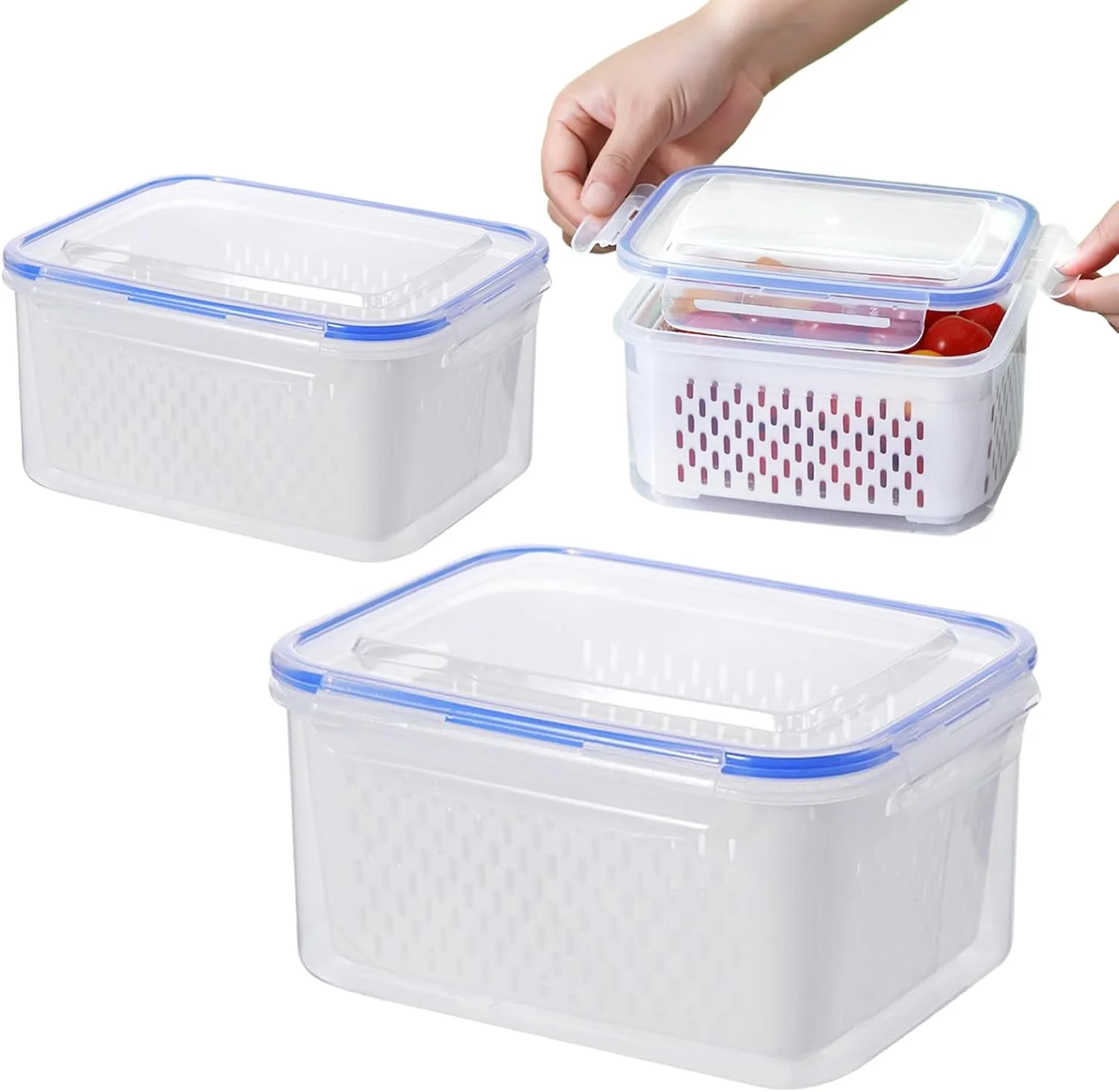 Fruit Storage Containers, Food Storage Container with Removable Colander, Snack Box, for Microwave Freezer Fridge Kitchen Meal Prep Pantry Camping Picnic Lunch Snack Salad Fruit