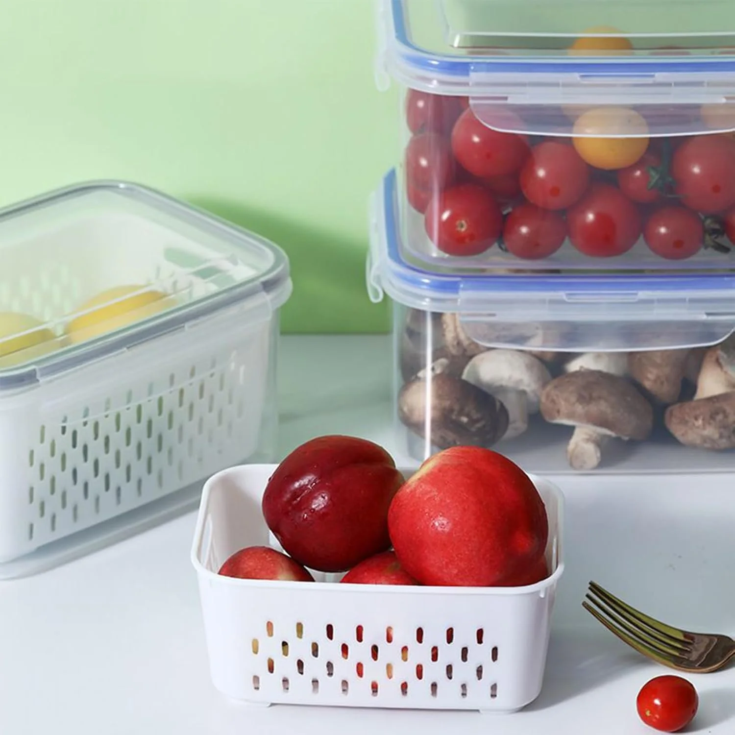 Fruit Storage Containers, Food Storage Container with Removable Colander, Snack Box, for Microwave Freezer Fridge Kitchen Meal Prep Pantry Camping Picnic Lunch Snack Salad Fruit