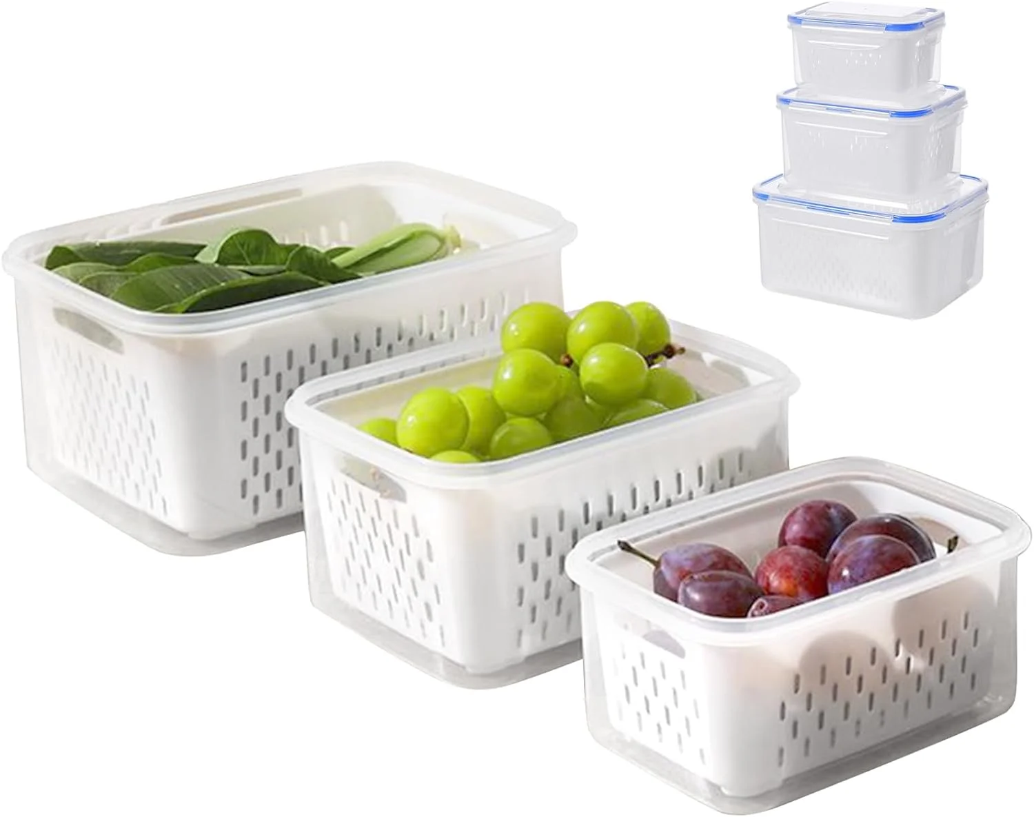 ظروف نگهداری میوه، سازمان دهنده مواد غذایی با آبکش جداشدنی - جعبه غذای یخچال، برای مایکروویو فریزر یخچال آشپزخانه آماده سازی غذا انبار کمپینگ پیک نیک ناهار میان وعده سالاد میوه