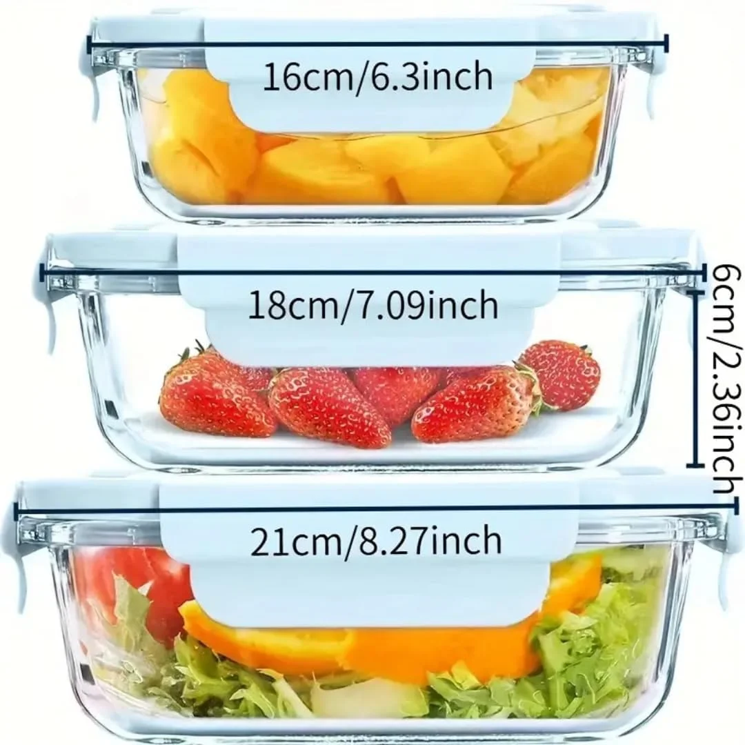 ظروف شیشه ای نگهداری مواد غذایی ABKPOINT با درب های آبی رنگ محکم | ست 3 تکه (400 میلی لیتر، 600 میلی لیتر، 1000 میلی لیتر) | ظروف مربعی قابل چیدن | جعبه ناهار ایمن برای مایکروویو علب طعام زجاجية محكمة الغلق