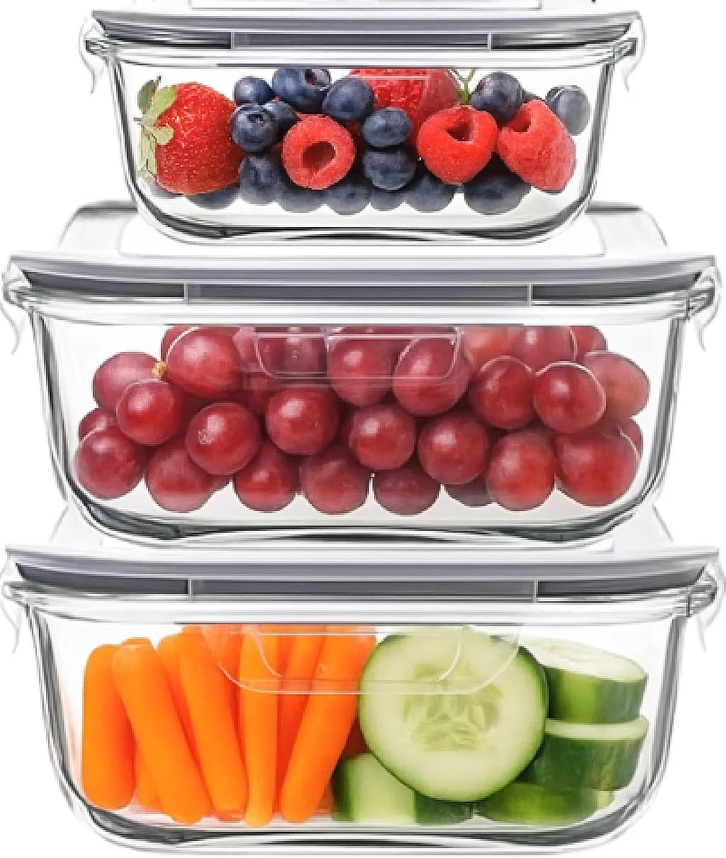 ست ۳ تایی ظروف شیشه ای آماده سازی غذا با درب های قفل دار ضد نشت (۲ عدد ۵۲۰ میلی لیتری و ۱ عدد ۱۵۰ میلی لیتری)، ظروف نگهداری مواد غذایی درب دار مناسب مایکروویو، فر، فریزر و ماشین ظرفشویی، فاقد BPA، سبز