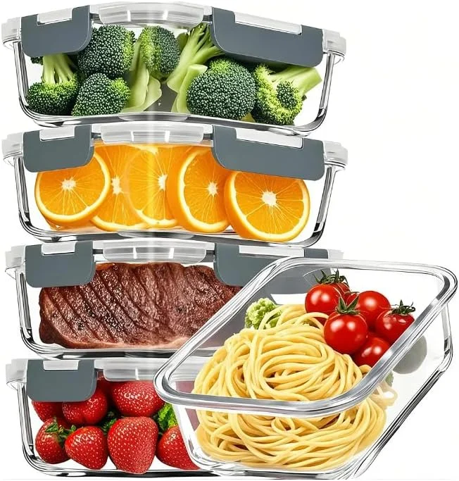 ظروف شیشه ای 10 تکه Feater با درب - ست نگهداری مواد غذایی با قفل محکم و بدون هوا، بدون BPA، ضد نشت برای آماده سازی غذا، قابل استفاده در مایکروویو، فر، فریزر و ماشین ظرفشویی (5 ظرف و 5 درب)