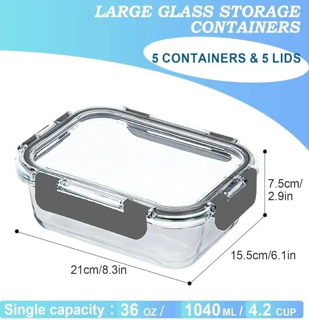 ظروف شیشه ای 10 تکه Feater با درب - ست نگهداری مواد غذایی با قفل محکم و بدون هوا، بدون BPA، ضد نشت برای آماده سازی غذا، قابل استفاده در مایکروویو، فر، فریزر و ماشین ظرفشویی (5 ظرف و 5 درب)