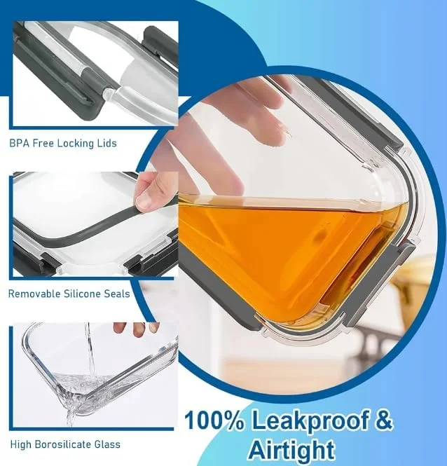 ظروف شیشه ای 10 تکه Feater با درب - ست نگهداری مواد غذایی با قفل محکم و بدون هوا، بدون BPA، ضد نشت برای آماده سازی غذا، قابل استفاده در مایکروویو، فر، فریزر و ماشین ظرفشویی (5 ظرف و 5 درب)