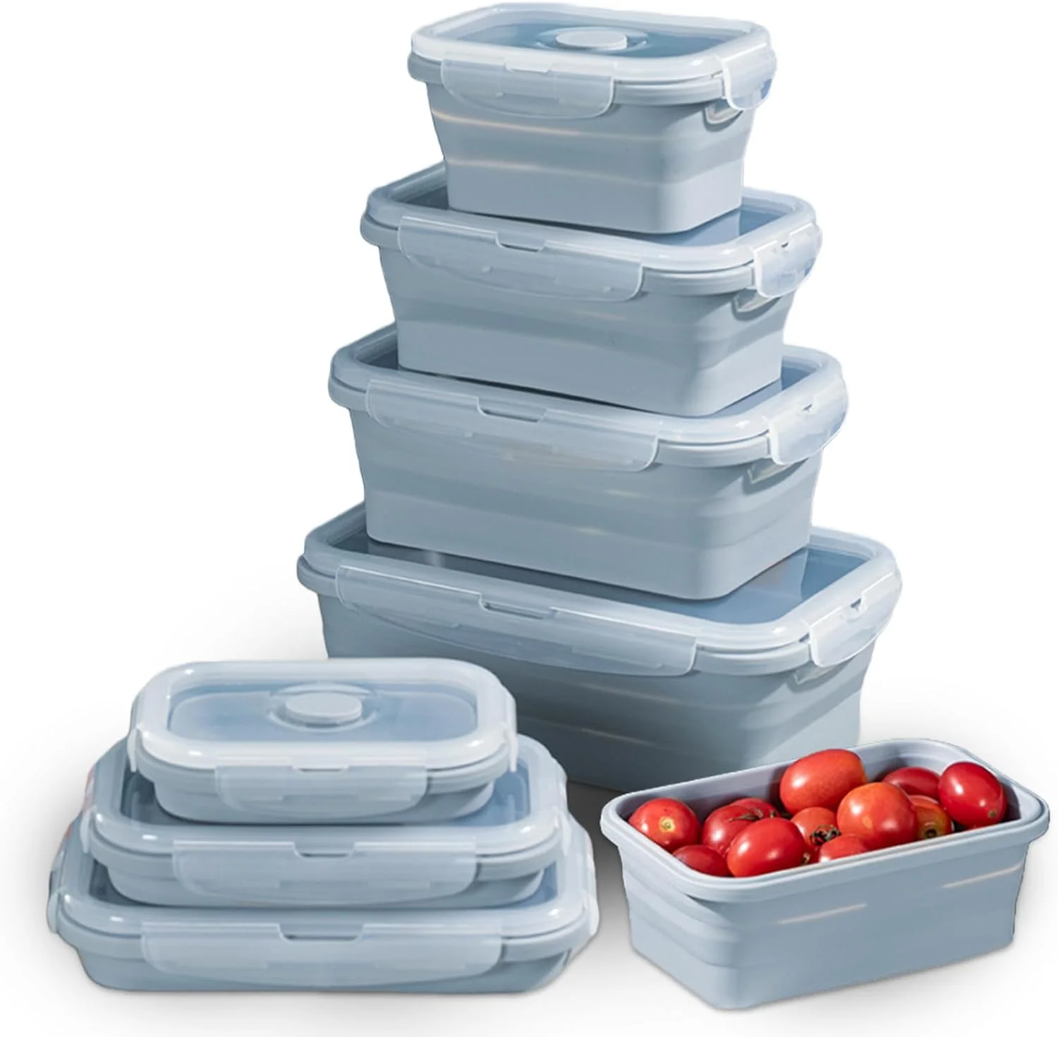 ست 4 تایی جعبه ناهار تاشو، جعبه های نگهداری مواد غذایی تاشو، 350/550/800/1200 میلی لیتر، ظروف تاشو قابل شستشو در ماشین ظرفشویی با درب سیلیکونی برای مایکروویو، فریزر خنک (آبی)