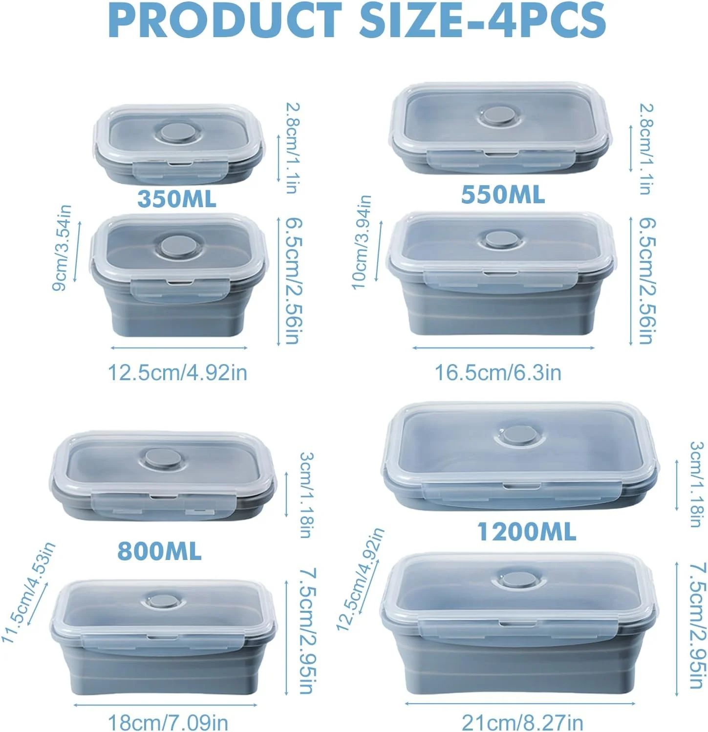 ست 4 تایی جعبه ناهار تاشو، جعبه های نگهداری مواد غذایی تاشو، 350/550/800/1200 میلی لیتر، ظروف تاشو قابل شستشو در ماشین ظرفشویی با درب سیلیکونی برای مایکروویو، فریزر خنک (آبی)