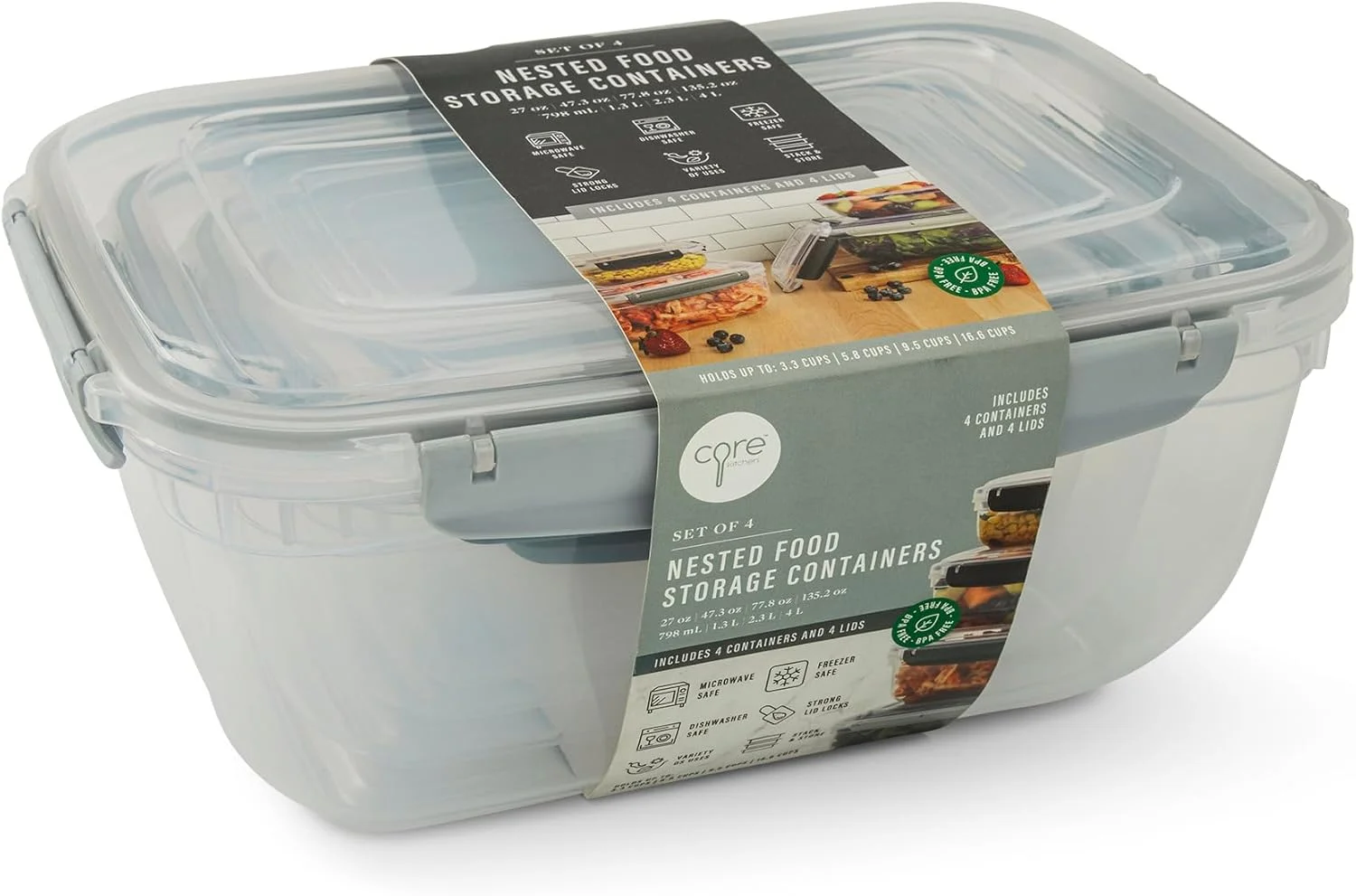 ظروف نگهداری غذای تو در تو Core Kitchen - ست 8 تکه با 4 درب قفل دار هواگیر - بدون BPA، قابل چیدن، مناسب مایکروویو، فریزر و ماشین ظرفشویی - شفاف