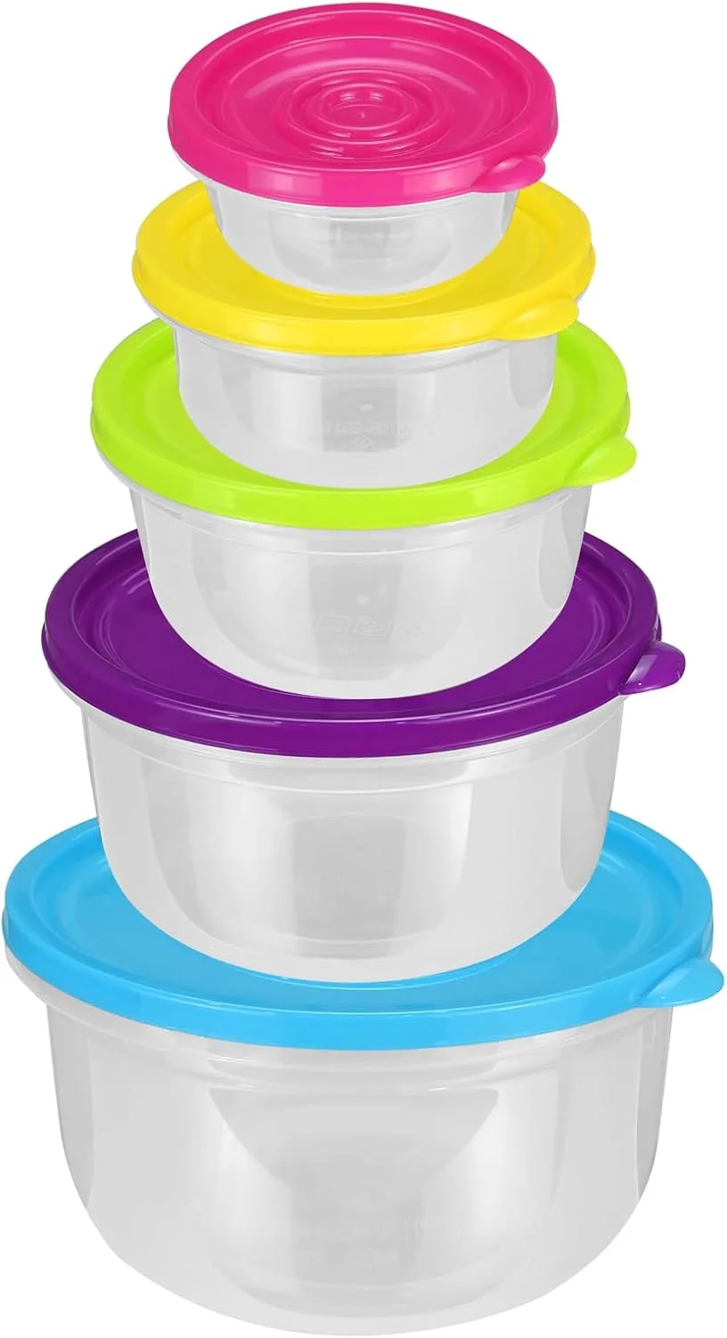 بسته 5 عددی کاسه پلاستیکی درب دار، ظروف نگهداری مواد غذایی پلاستیکی درب دار، ظرف آماده سازی غذا بدون BPA، ظرف فریزر، ظروف غذای قابل چیدن، مناسب آشپزخانه، قابل استفاده در مایکروویو و فریزر، گرد