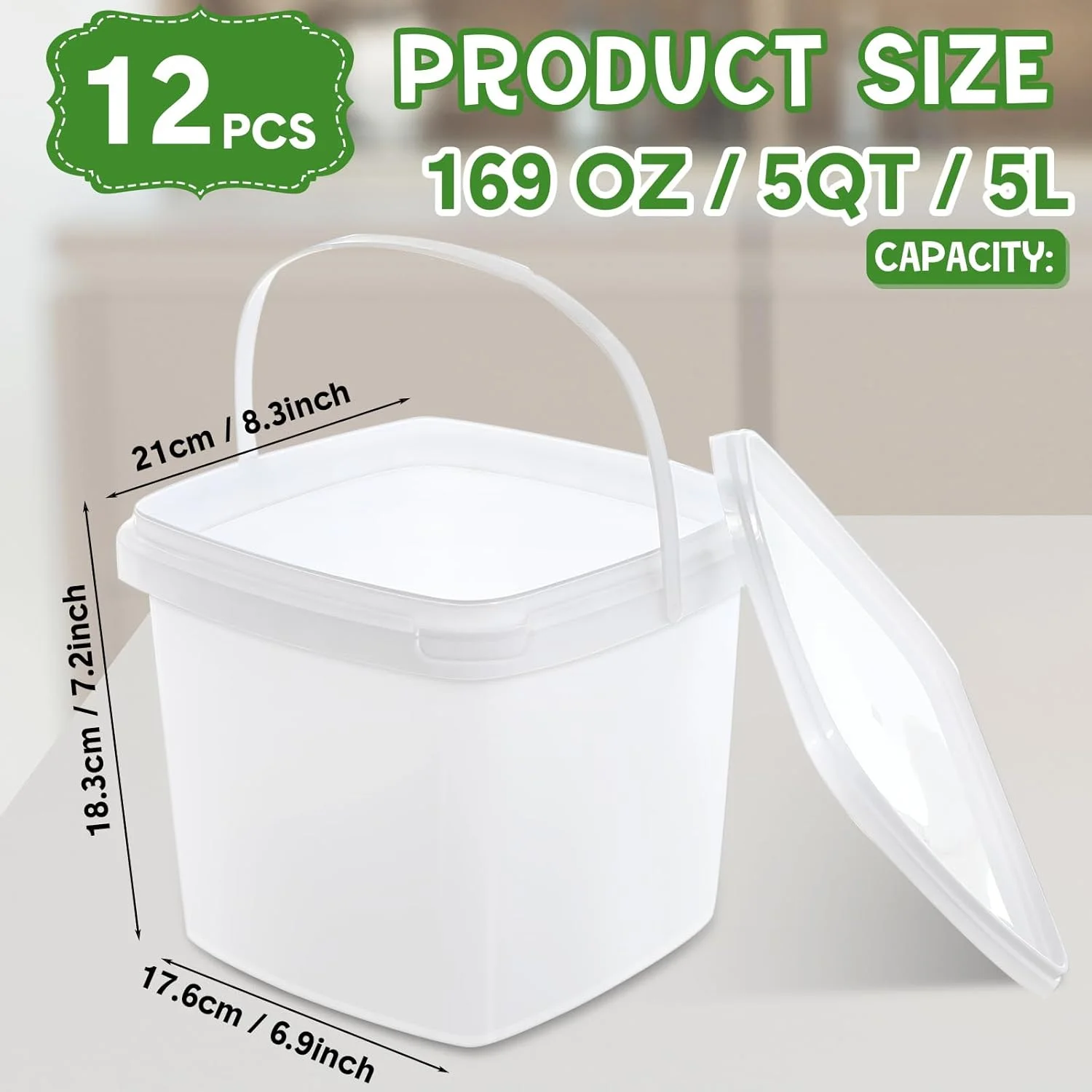 ظروف پلاستیکی غذا میفوچی، 12 عدد، سطل بستنی با درب و دسته، ظروف مربع شکل قابل استفاده مجدد، مناسب برای فریزر و مایکروویو، برای نگهداری غذا و نوشیدنی در آشپزخانه (5 کوارت/ 169 اونس/ 5 لیتر)