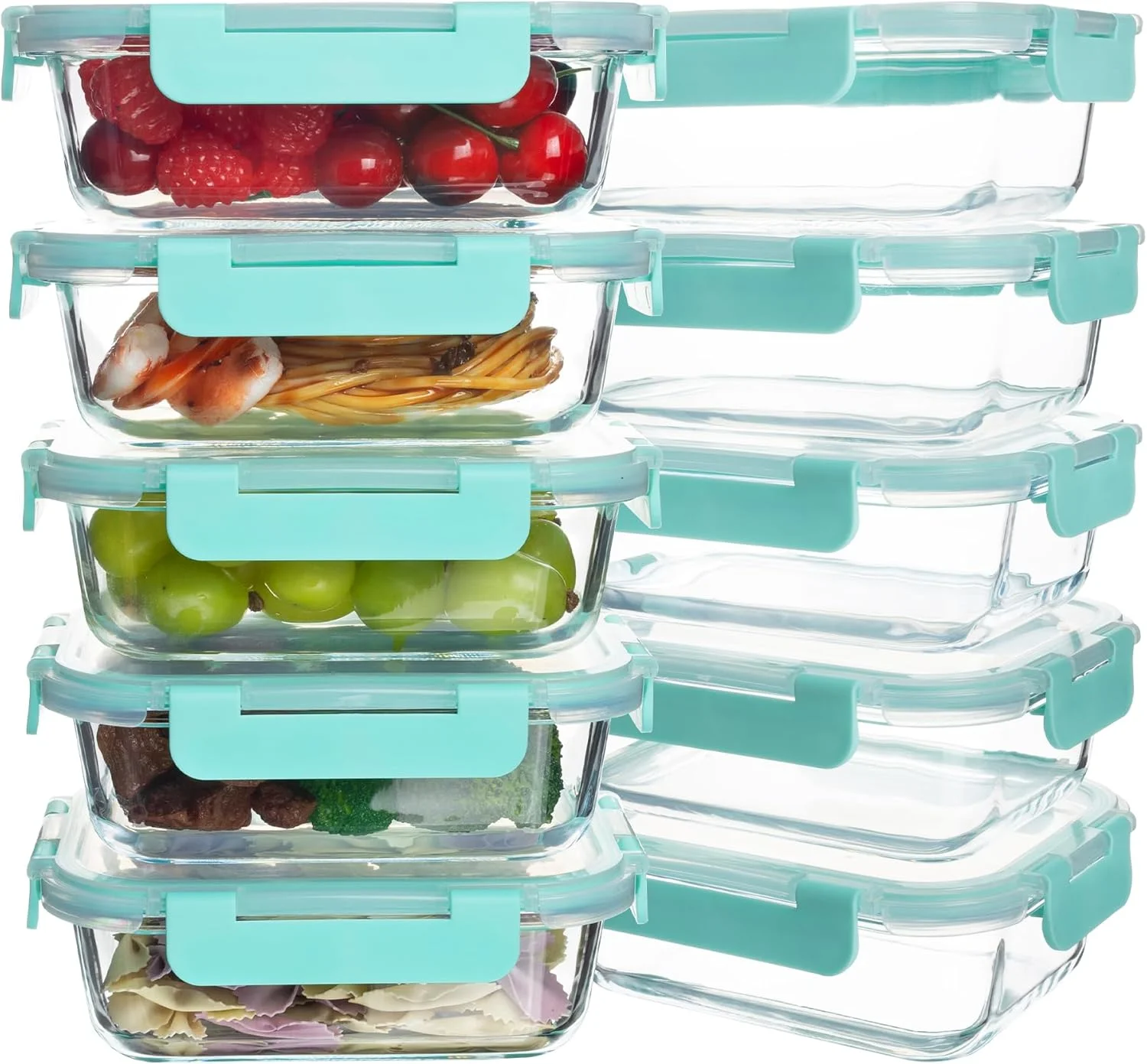 ظروف نگهداری غذا شیشه ای هاکمی، بسته 10 عددی، 650 میلی لیتر، ظروف آماده سازی غذا، ظروف ناهار ضد هوا و ضد نشت برای آشپزخانه، فریزر، مایکروویو، قابل شستشو در ماشین ظرفشویی (سبز نعنایی)