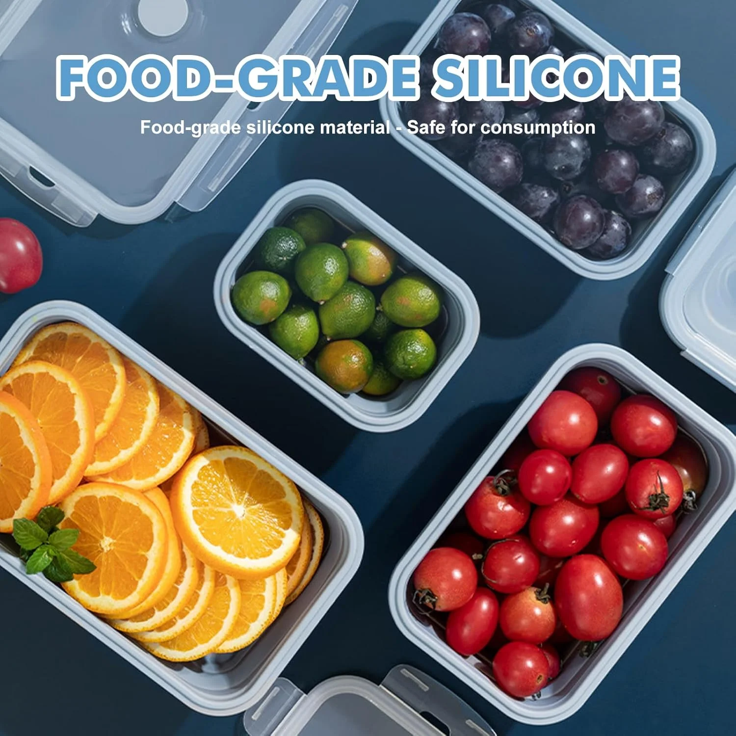ست 4 تایی جعبه ناهار تاشو، جعبه های نگهداری مواد غذایی تاشو، 350/550/800/1200 میلی لیتر، ظروف تاشو قابل شستشو در ماشین ظرفشویی با درب سیلیکونی برای مایکروویو، فریزر خنک (آبی)