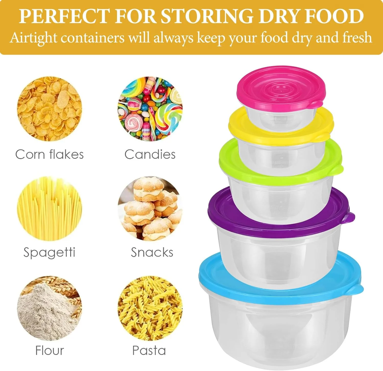 بسته 5 عددی کاسه پلاستیکی درب دار، ظروف نگهداری مواد غذایی پلاستیکی درب دار، ظرف آماده سازی غذا بدون BPA، ظرف فریزر، ظروف غذای قابل چیدن، مناسب آشپزخانه، قابل استفاده در مایکروویو و فریزر، گرد