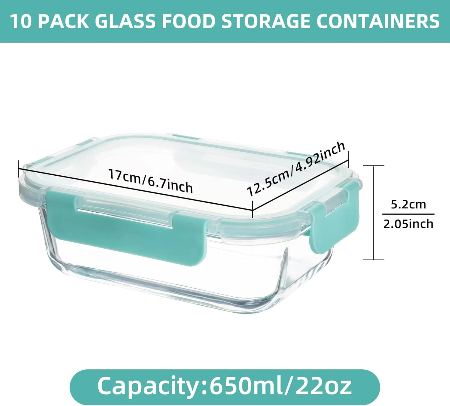 ظروف نگهداری غذا شیشه ای هاکمی، بسته 10 عددی، 650 میلی لیتر، ظروف آماده سازی غذا، ظروف ناهار ضد هوا و ضد نشت برای آشپزخانه، فریزر، مایکروویو، قابل شستشو در ماشین ظرفشویی (سبز نعنایی)