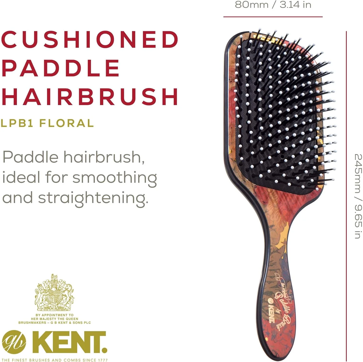 برس پارویی بزرگ بالشتکی کنت برای صاف کردن، حالت دادن و باز کردن گره مو - سوزن های نوک گرد و سر بالشتکی هوا برای محافظت از پوست سر | موهای متوسط ​​تا بلند | طرح گلدار | LPB1