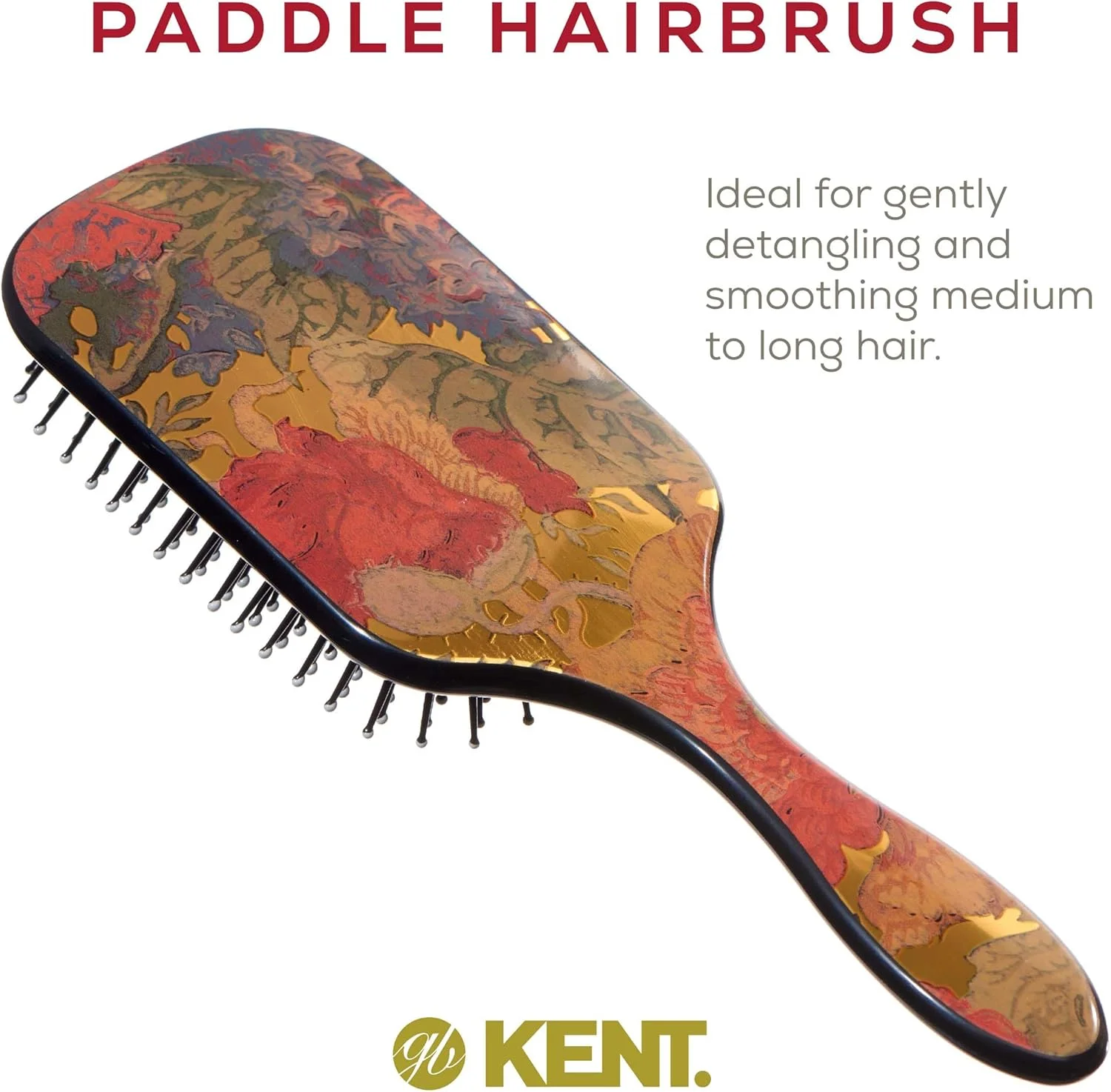 برس پارویی بزرگ بالشتکی کنت برای صاف کردن، حالت دادن و باز کردن گره مو - سوزن های نوک گرد و سر بالشتکی هوا برای محافظت از پوست سر | موهای متوسط ​​تا بلند | طرح گلدار | LPB1