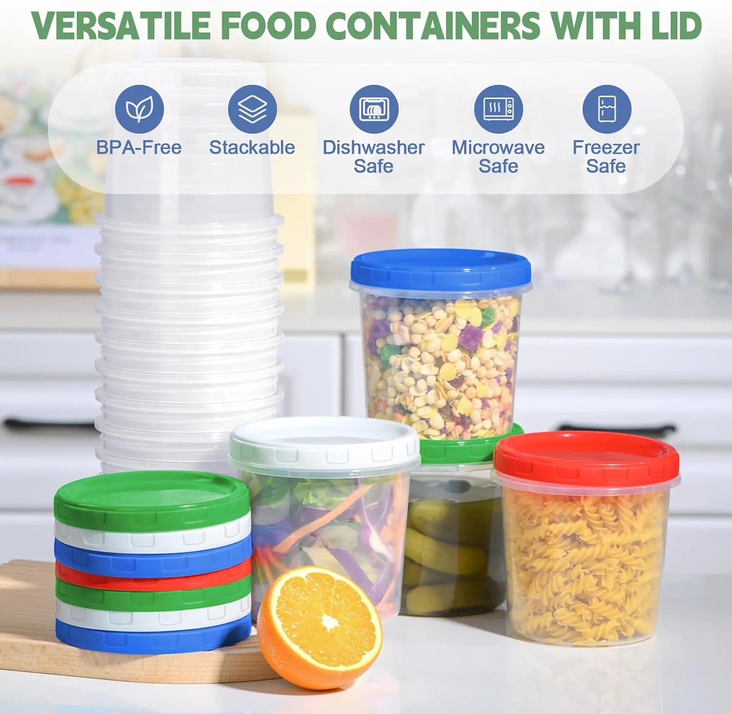 ظروف نگهداری مواد غذایی فریزر یومارکت، بسته 16 عددی ظروف پلاستیکی 32 اونسی با درب پیچی، ظروف آماده سازی غذا برای سوپ، میان وعده، میوه، فاقد BPA، ضد نشت، قابل استفاده در مایکروویو و ماشین ظرفشویی