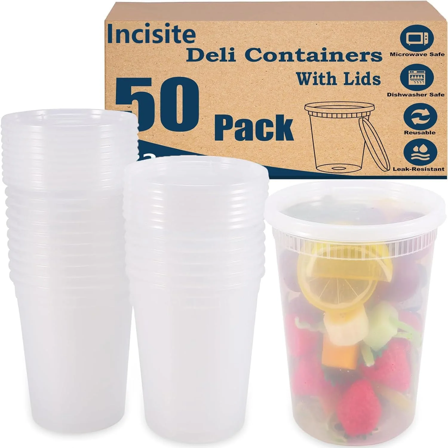 ظروف دلی اینسایت، بسته 50 عددی، ظروف نگهداری مواد غذایی پلاستیکی 32 اونسی، ظرف بیرون بر شفاف و بادوام با قابلیت ضد نشت، بدون BPA، قابلیت چیدن روی هم، قابل استفاده در مایکروویو، ماشین ظرفشویی و فریزر