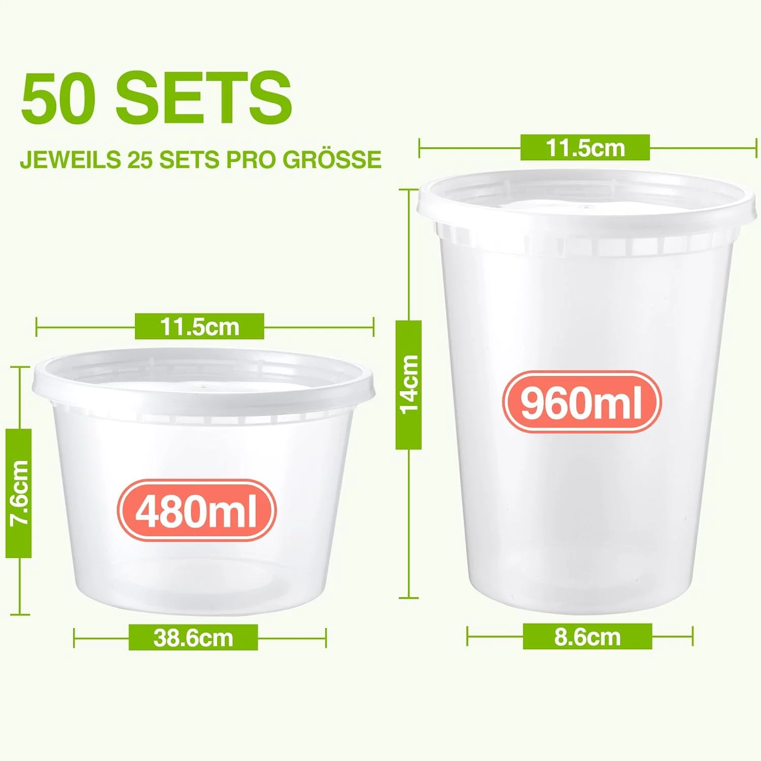 Eupako بسته 50 عددی ظروف دلی با درب [مجموعه ترکیبی 470 و 940 میلی لیتری] - جعبه های آماده سازی غذا، جعبه های نگهداری پلاستیکی ایمن برای مایکروویو و فریزر، بدون درز و ضد نشت برای جعبه های ناهار و غذای بیرون بر