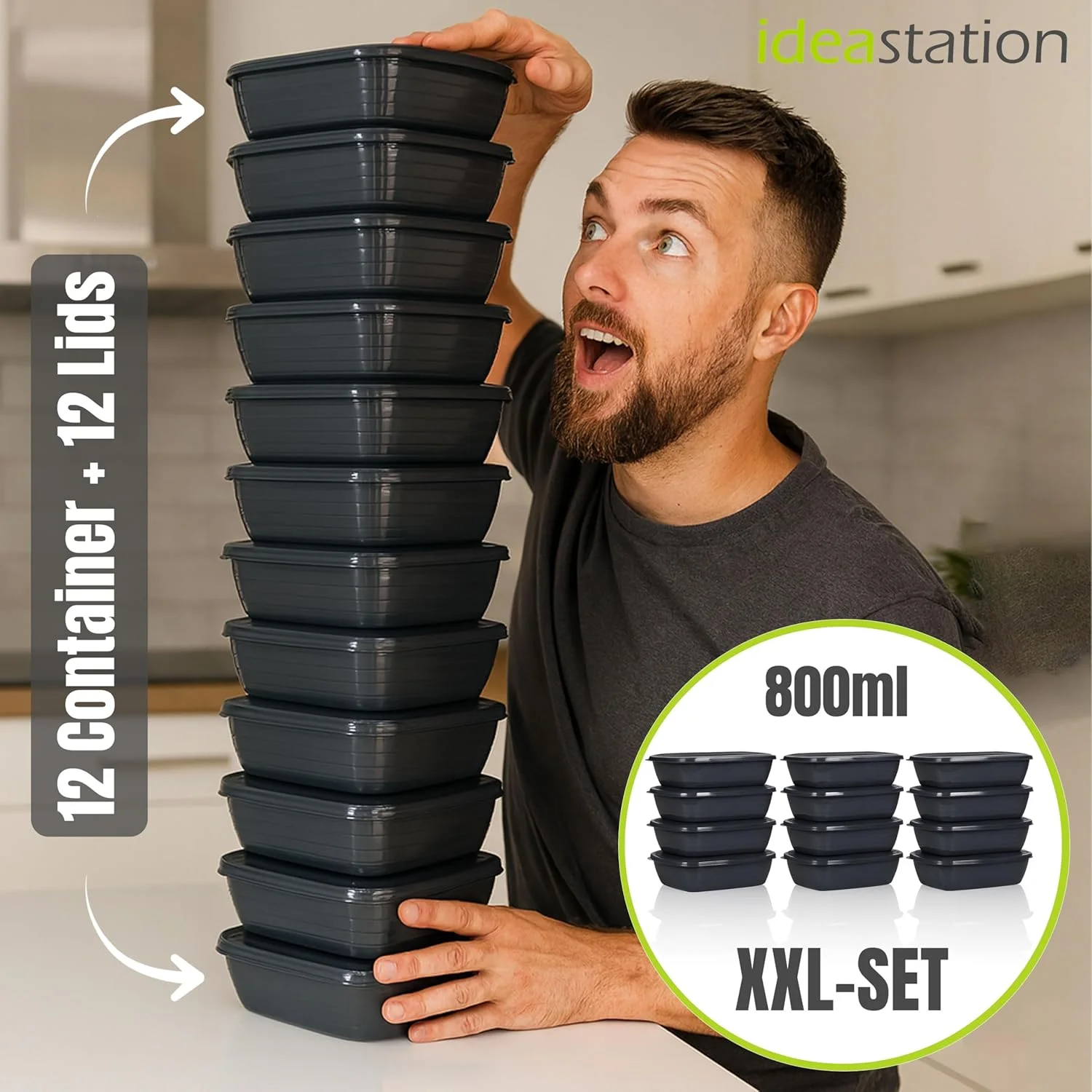 ست ظروف فریزری idea-station، ۱۲ عدد ۸۰۰ میلی لیتری - آنتراسیت - ظروف نگهداری مواد غذایی بدون BPA با درب - ظروف نشکن برای انجماد - ظروف فریزری قابل انباشت - نظم دهنده فریزر