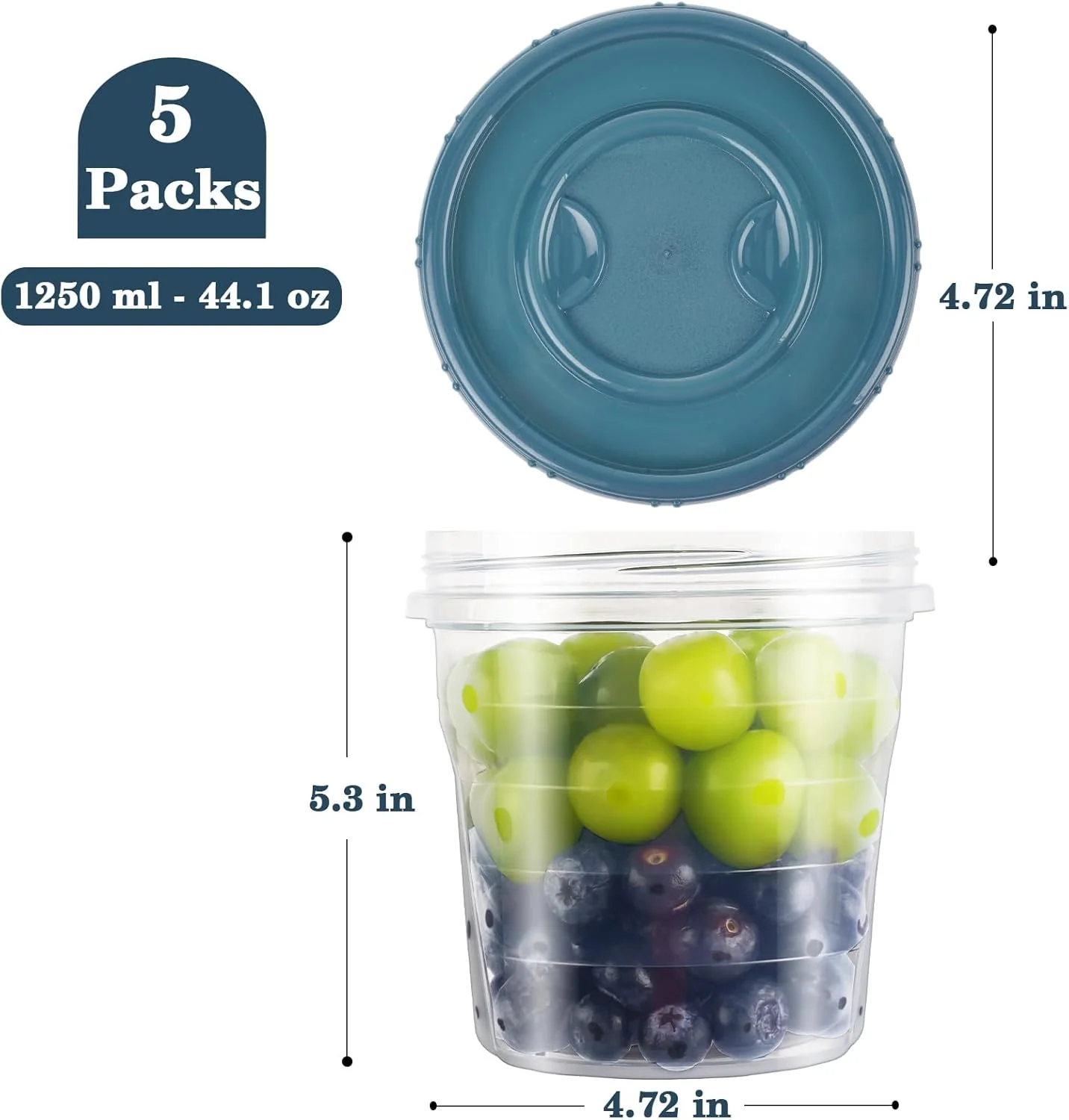 DESERO 5PCS Round Plastic Food Containers with Lids, Food Portion Box Meal Prep Food Storage Container Lunch Box Set Snack Pots for Microwave Freezer Dishwasher Reusable - 1250ML
