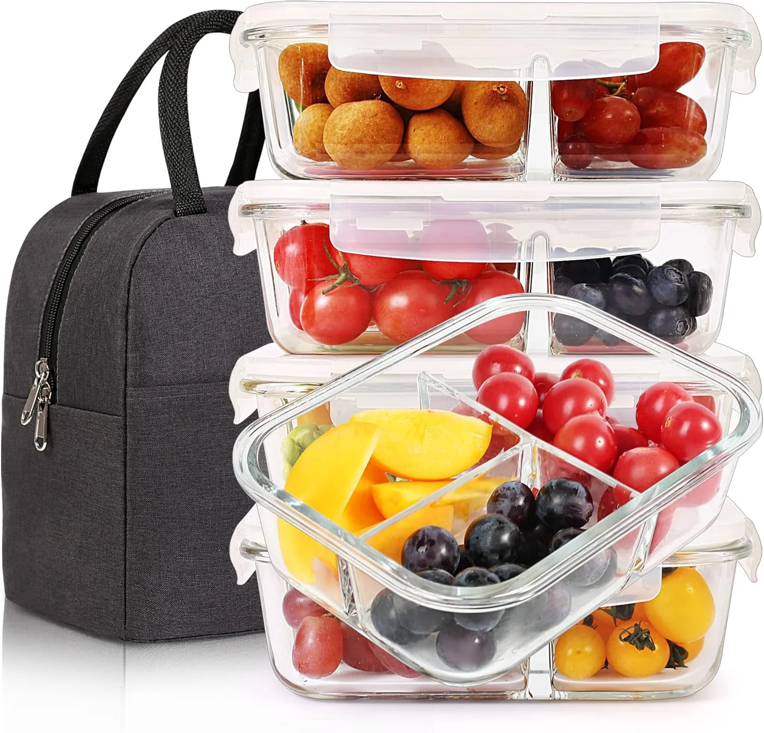 ظروف آماده سازی غذا شیشه ای DAS TRUST [بسته 5 عددی، 1065 میلی لیتر] 3 محفظه با درب، ظروف ناهار شیشه ای، جعبه ناهار آماده سازی غذا، جعبه بنتو، قابل استفاده در مایکروویو، فر، فریزر، ماشین ظرفشویی (1065 میلی لیتر، شفاف)