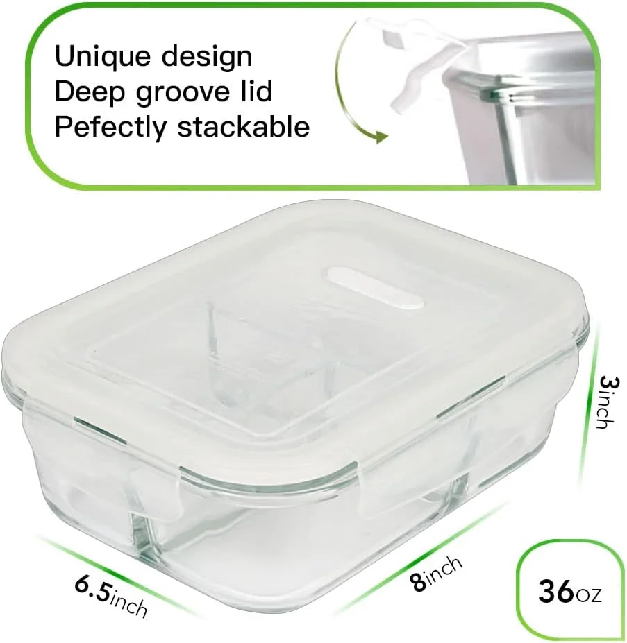 ظروف آماده سازی غذا شیشه ای DAS TRUST [بسته 5 عددی، 1065 میلی لیتر] 3 محفظه با درب، ظروف ناهار شیشه ای، جعبه ناهار آماده سازی غذا، جعبه بنتو، قابل استفاده در مایکروویو، فر، فریزر، ماشین ظرفشویی (1065 میلی لیتر، شفاف)