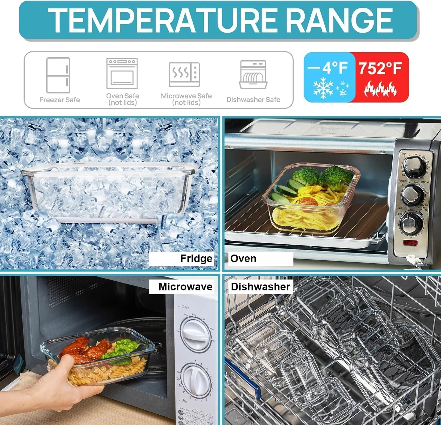 ظروف نگهداری غذا DECORHILLS، بسته 3 عددی، ظروف شیشه ای آماده سازی غذا با درب، جعبه ناهار درب دار بدون BPA، مناسب مایکروویو و فریزر