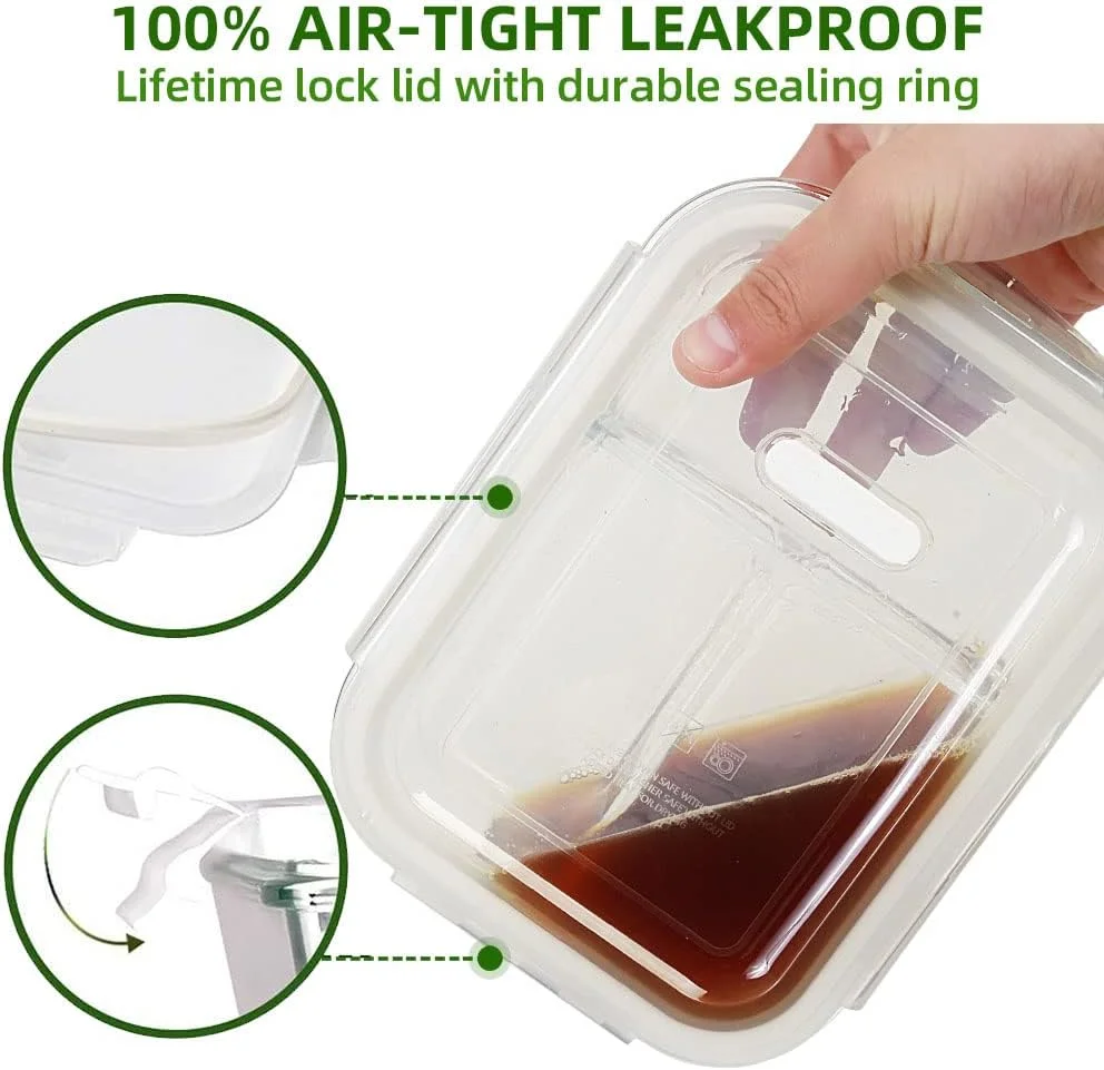 ظروف آماده سازی غذا شیشه ای DAS TRUST [بسته 5 عددی، 1065 میلی لیتر] 3 محفظه با درب، ظروف ناهار شیشه ای، جعبه ناهار آماده سازی غذا، جعبه بنتو، قابل استفاده در مایکروویو، فر، فریزر، ماشین ظرفشویی (1065 میلی لیتر، شفاف)