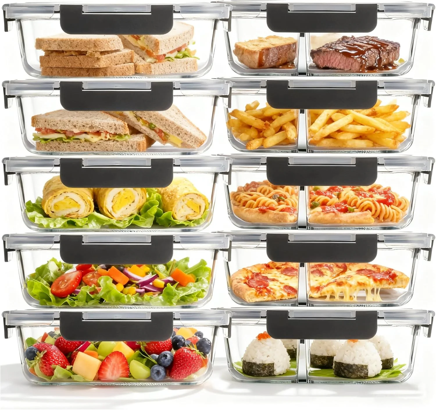 ظروف نگهداری غذای شیشه ای DAMAIXINGSHUO (5 تکه با تقسیم کننده، 5 تکه بدون تقسیم کننده)، ظروف آماده سازی غذای شیشه ای با درب های قفل دار ضد نشت، مناسب برای مایکروویو، فریزر، فر و ماشین ظرفشویی