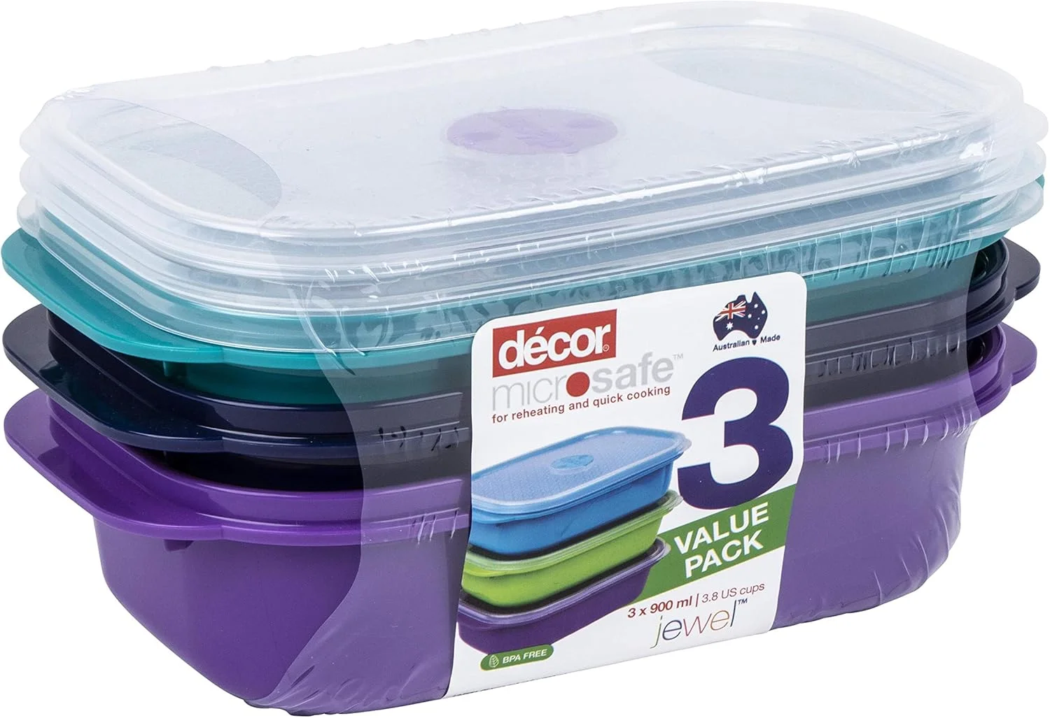 Décor Microsafe Jewel Food Containers Set | 3 Pack - 3 x 900ml | Meal Prep | Steam Release Vent | Microwave, Dishwasher & Freezer Safe | Assorted Colours