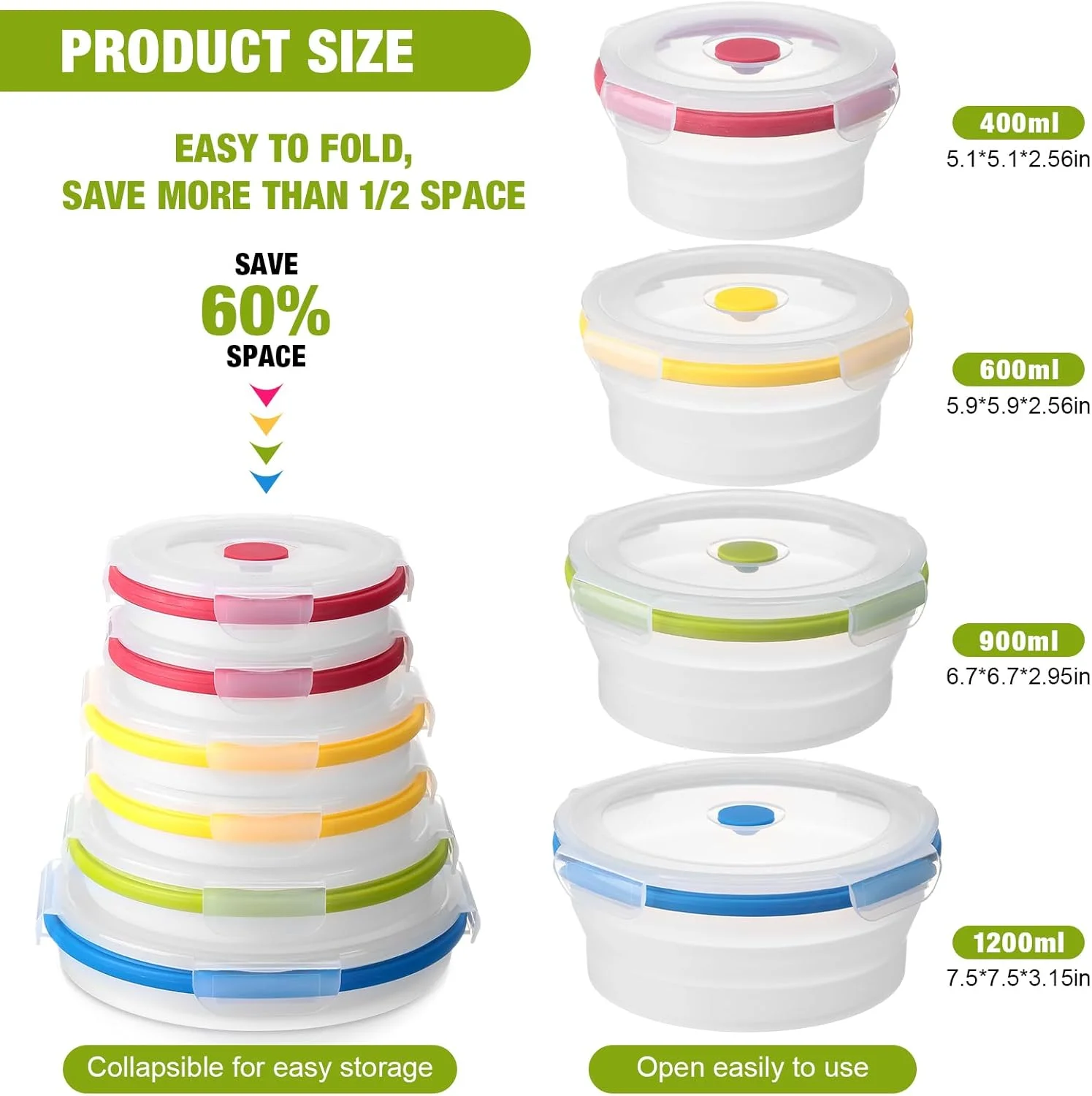 مجموعه 12 عددی ظروف نگهداری غذای تاشو دندات، ظروف سیلیکونی نگهداری غذا با درب، کاسه های گرد، ظروف ناهار، قابل استفاده در مایکروویو، فریزر و ماشین ظرفشویی (رنگ های مختلف)