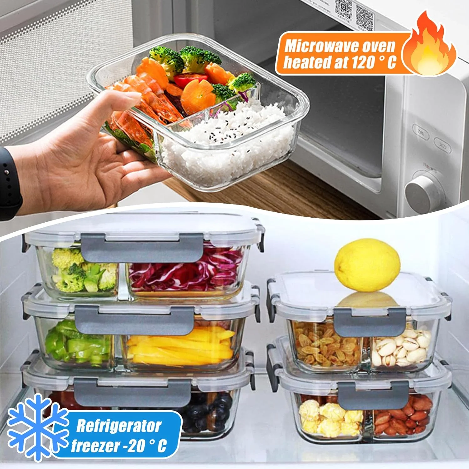 ظروف نگهداری غذای شیشه ای DAMAIXINGSHUO (5 تکه با تقسیم کننده، 5 تکه بدون تقسیم کننده)، ظروف آماده سازی غذای شیشه ای با درب های قفل دار ضد نشت، مناسب برای مایکروویو، فریزر، فر و ماشین ظرفشویی