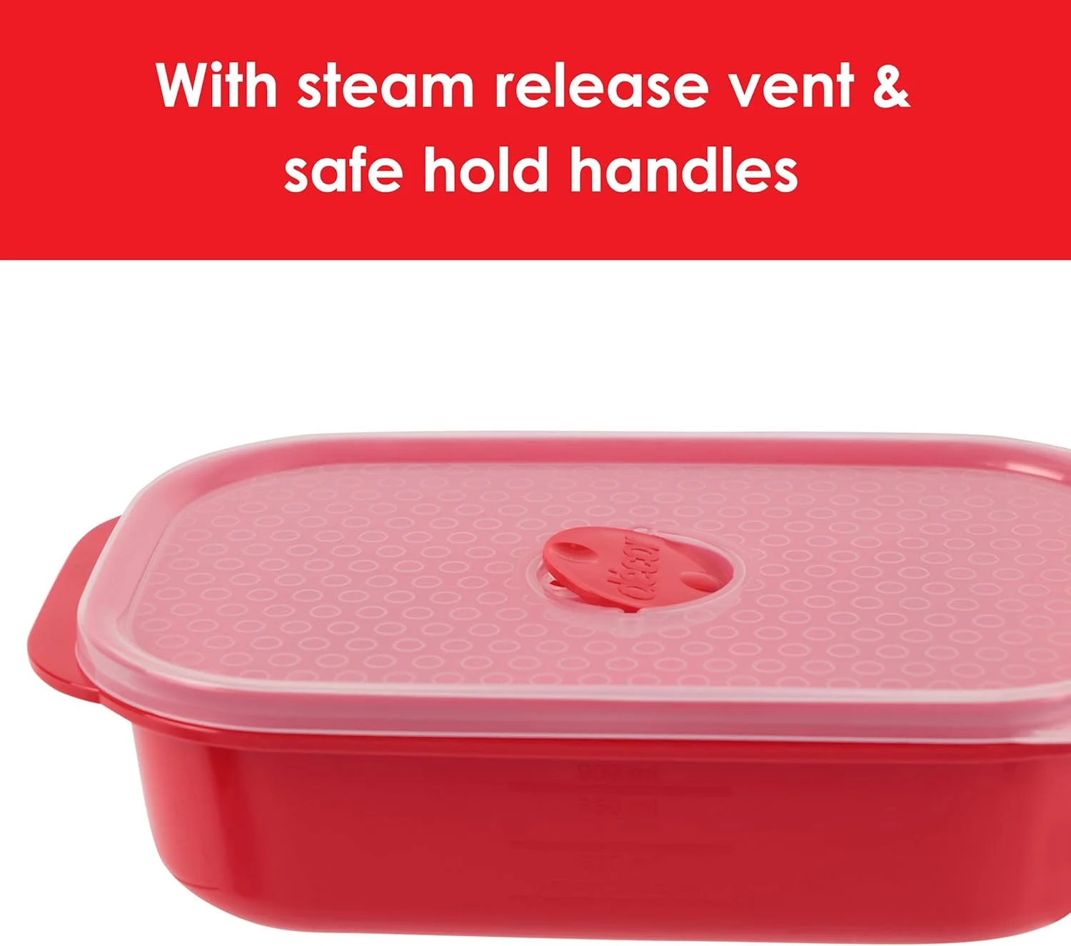 ظرف مستطیلی 900 میلی لیتری مناسب مایکروویو دکور Microsafe، قابل استفاده در مایکروویو، فریزر و ماشین ظرفشویی، فاقد BPA، دارای دریچه خروج هوا و دستگیره، مناسب برای پخت و گرم کردن غذا در مایکروویو. قرمز