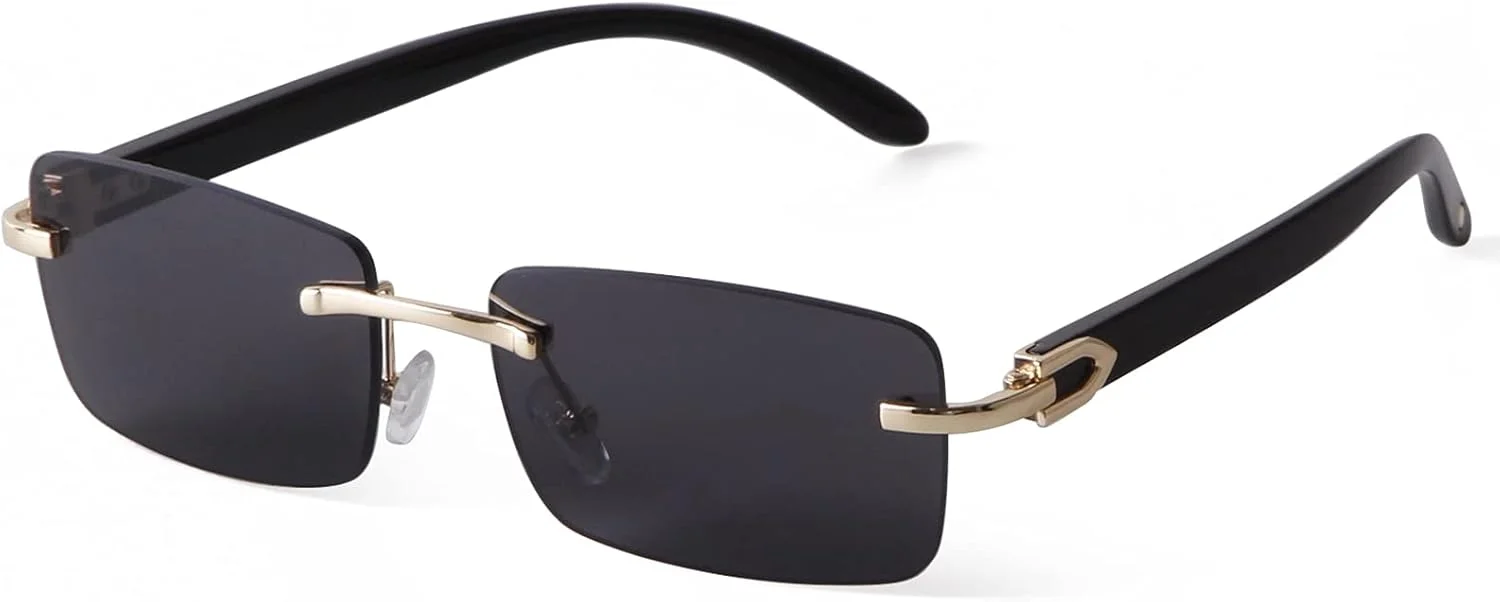 عینک آفتابی فشن بدون فریم زنانه مردانه، لنز رنگی گنگستری، سایه های بدون قاب، عینک شاخ بوفالو مصنوعی، عینک مستطیلی