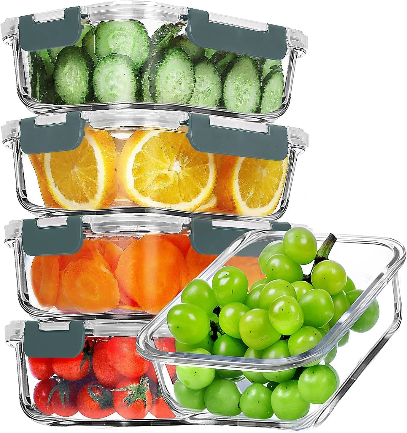 ست 5 عددی ظروف شیشه ای آماده سازی غذا، 1040 میلی لیتر | ظروف نگهداری غذا شیشه ای با درب، ظرف نگهداری غذا شیشه ای 100% ضد نشت، جعبه ناهار شیشه ای، ظرف نگهداری در فریزر