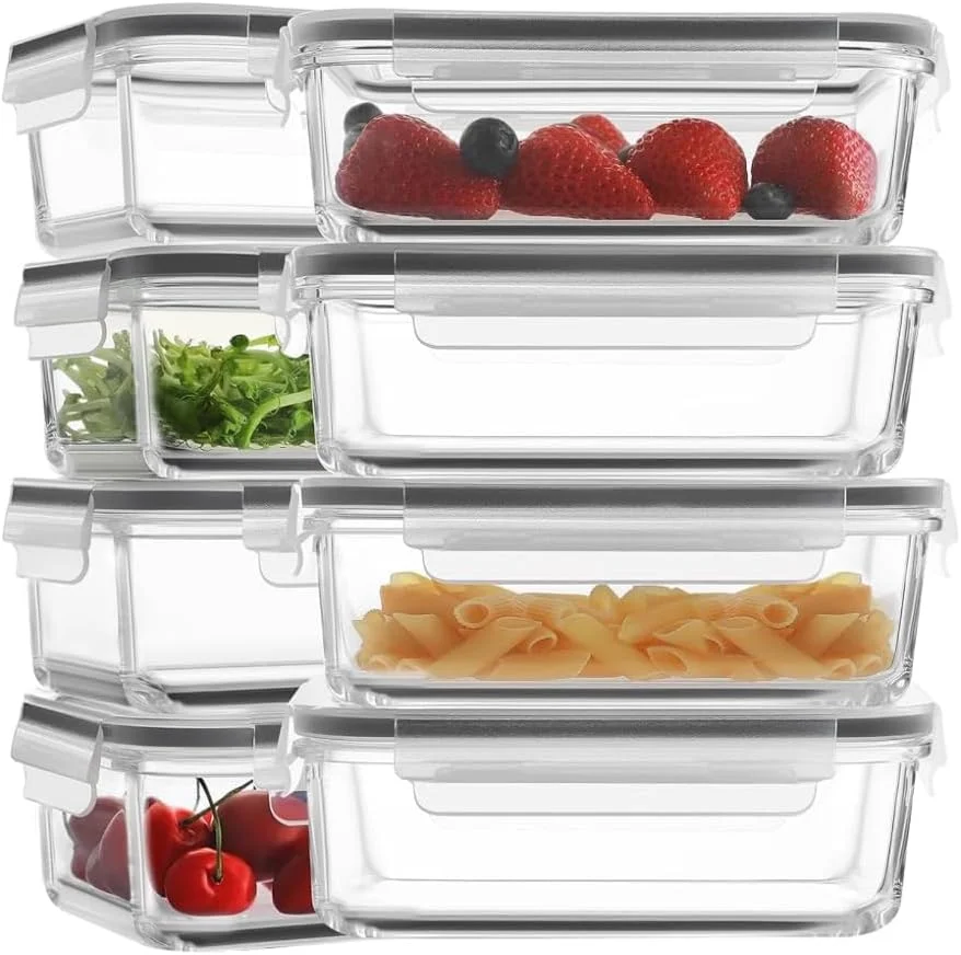 ظروف شیشه ای آماده سازی غذا FEATER، 8 عددی، 880 میلی لیتری، جعبه های بنتو درب دار و ضد هوا با قفل های ضد نشت، مناسب برای مایکروویو، فر، فریزر و ماشین ظرفشویی (8 درب و 8 ظرف)