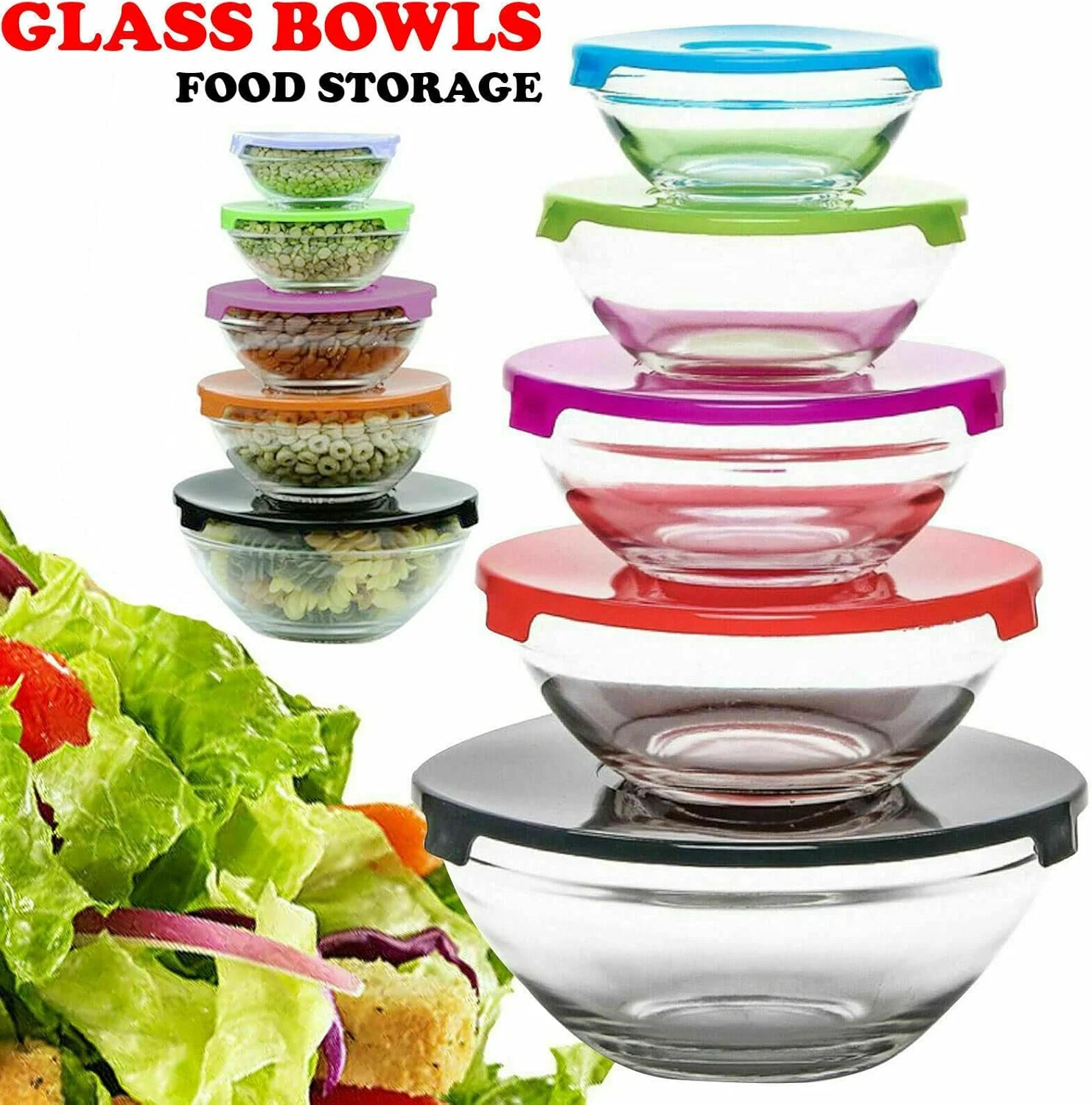 Copper Top - 10 Pcs Glass Storage Bowl Set with Colour Lids Food Container Microwave Dishwasher Freezer Safe