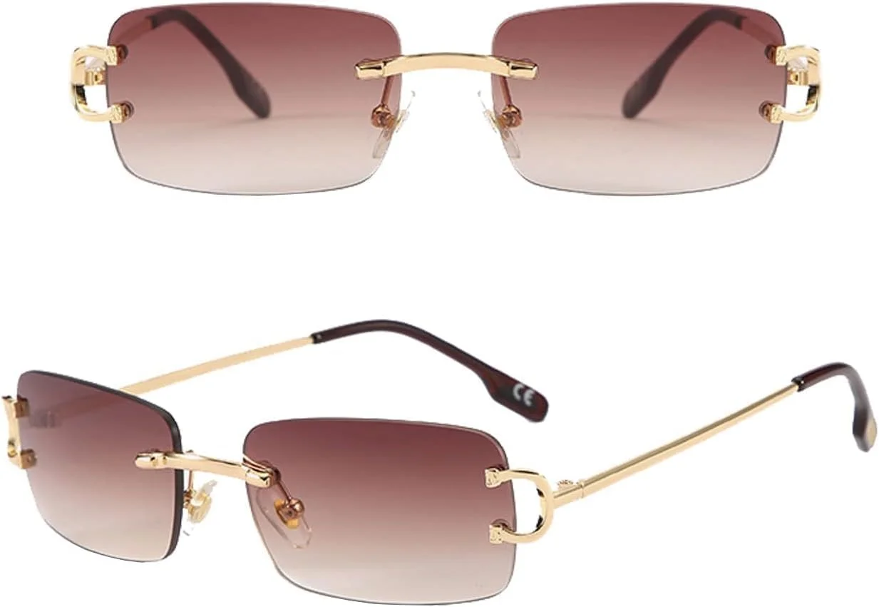 عینک آفتابی باریک بدون فریم مستطیلی مد روز، عینک های سایه دار دهه 90 بدون قاب برای زنان و مردان