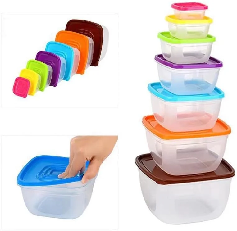 ست ظروف نگهداری غذا با درب های رنگی، بدون BPA، 7 تکه، سازمان دهنده آشپزخانه پلاستیکی قابل چیدن، قابل شستشو در ماشین ظرفشویی، قابل استفاده در مایکروویو، مناسب برای فریزر