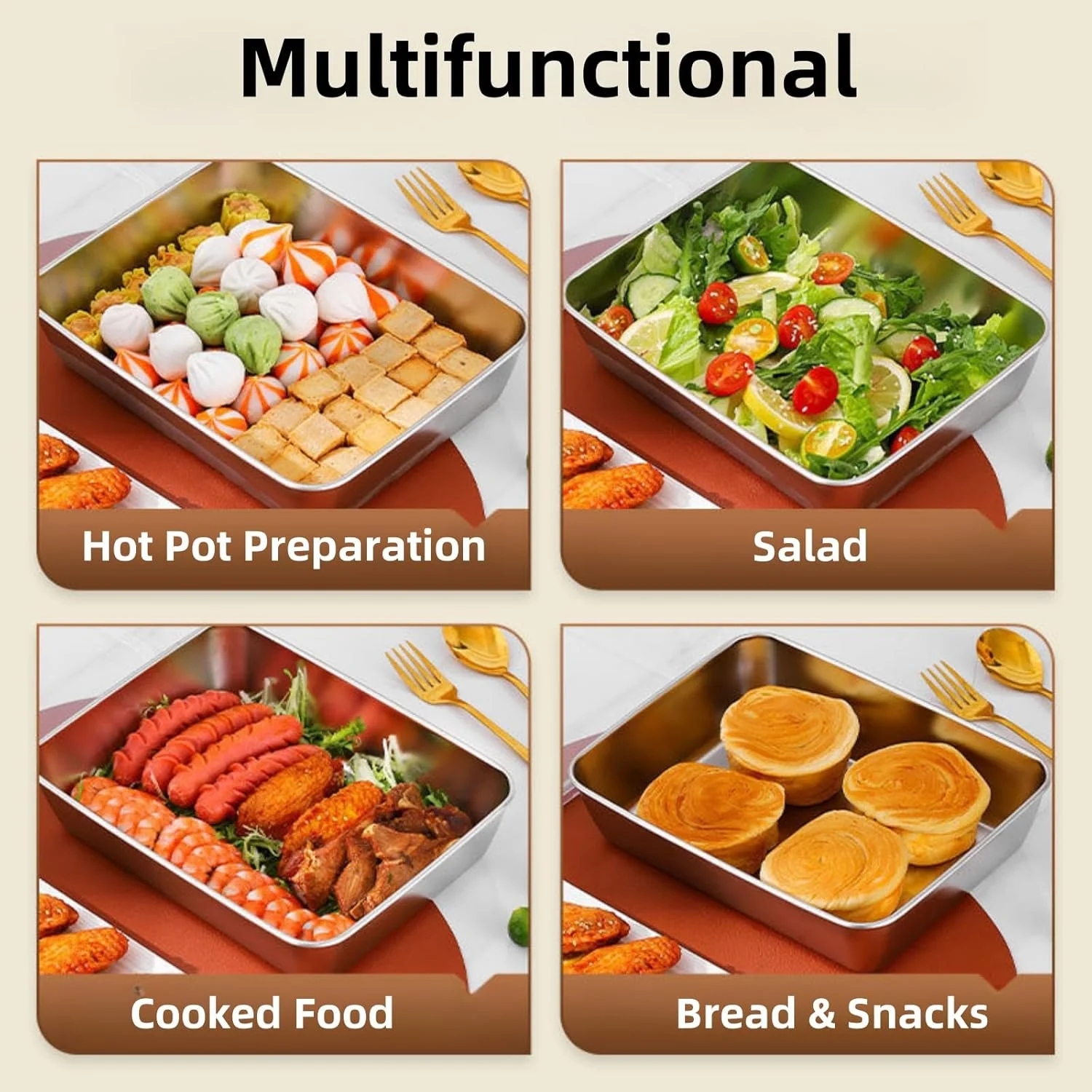 ظروف آماده سازی غذا 4 تکه با درب، سینی های استیل ضد زنگ، ظروف جعبه فریزر برای غذا با درب های محکم، قابل استفاده در فر و ماشین ظرفشویی، جعبه ظرف مستطیلی استیل ضد زنگ برای نگهداری غذا