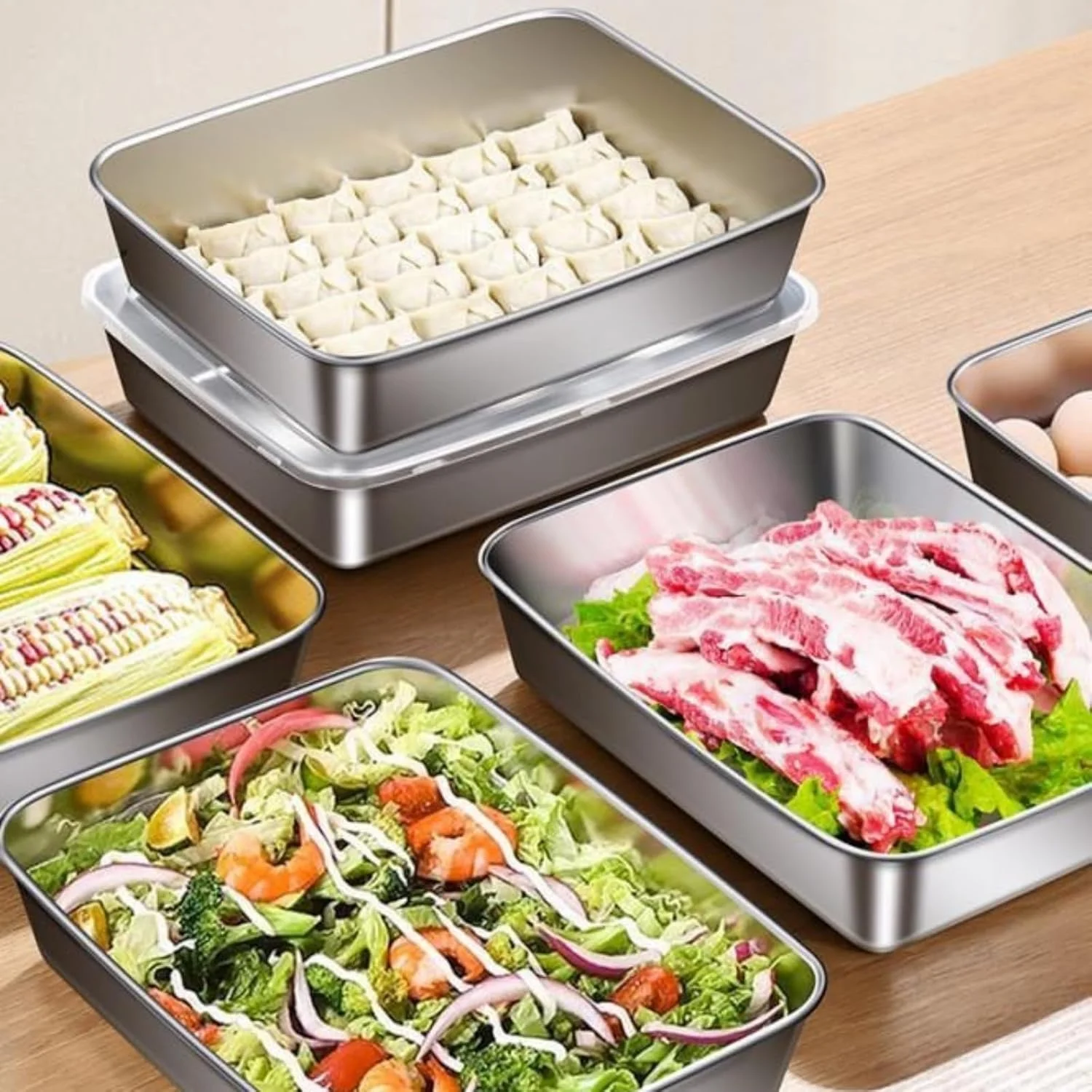 ظروف آماده سازی غذا 4 تکه با درب، سینی های استیل ضد زنگ، ظروف جعبه فریزر برای غذا با درب های محکم، قابل استفاده در فر و ماشین ظرفشویی، جعبه ظرف مستطیلی استیل ضد زنگ برای نگهداری غذا