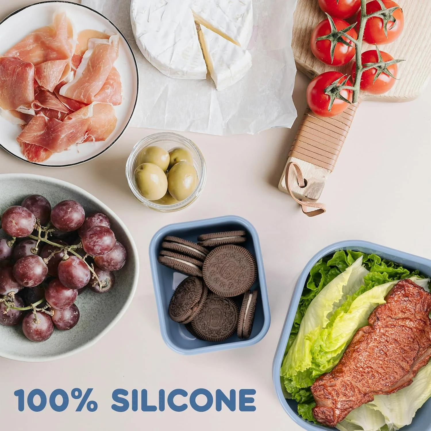 ست 8 عددی ظروف نگهداری غذا سیلیکونی با درب، از 300 میلی لیتر تا 1.5 لیتر، جعبه ناهار بنتو قابل استفاده مجدد، ضد نشت، تودرتو و قابل چیدن، قابل استفاده در مایکروویو، فریزر، ماشین ظرفشویی و فر، ظروف آماده سازی غذا، بدون BPA، آبی خاکستری