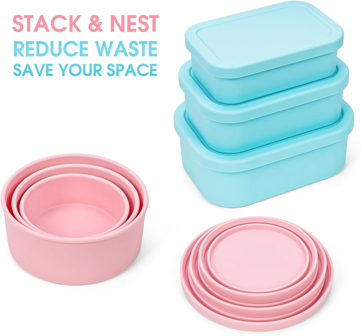 ظروف نگهداری غذای سیلیکونی تو در تو با درب و خطوط اندازه گیری، بسته 6 عددی، ظروف ناهار سیلیکونی سخت و ضد هوا، قابل استفاده در مایکروویو، سرخ کن هوا، فر، فریزر و ماشین ظرفشویی، بدون BPA، آبی