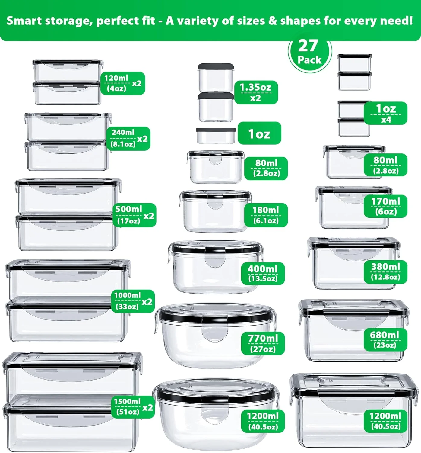 ست 54 تکه ظروف نگهداری غذا با درب های محکم، (27 ظرف و 27 درب) ظروف پلاستیکی قابل استفاده مجدد و بدون BPA برای سازماندهی آشپزخانه، جعبه های ناهار ضد نشت و قابل استفاده در فریزر/مایکروویو