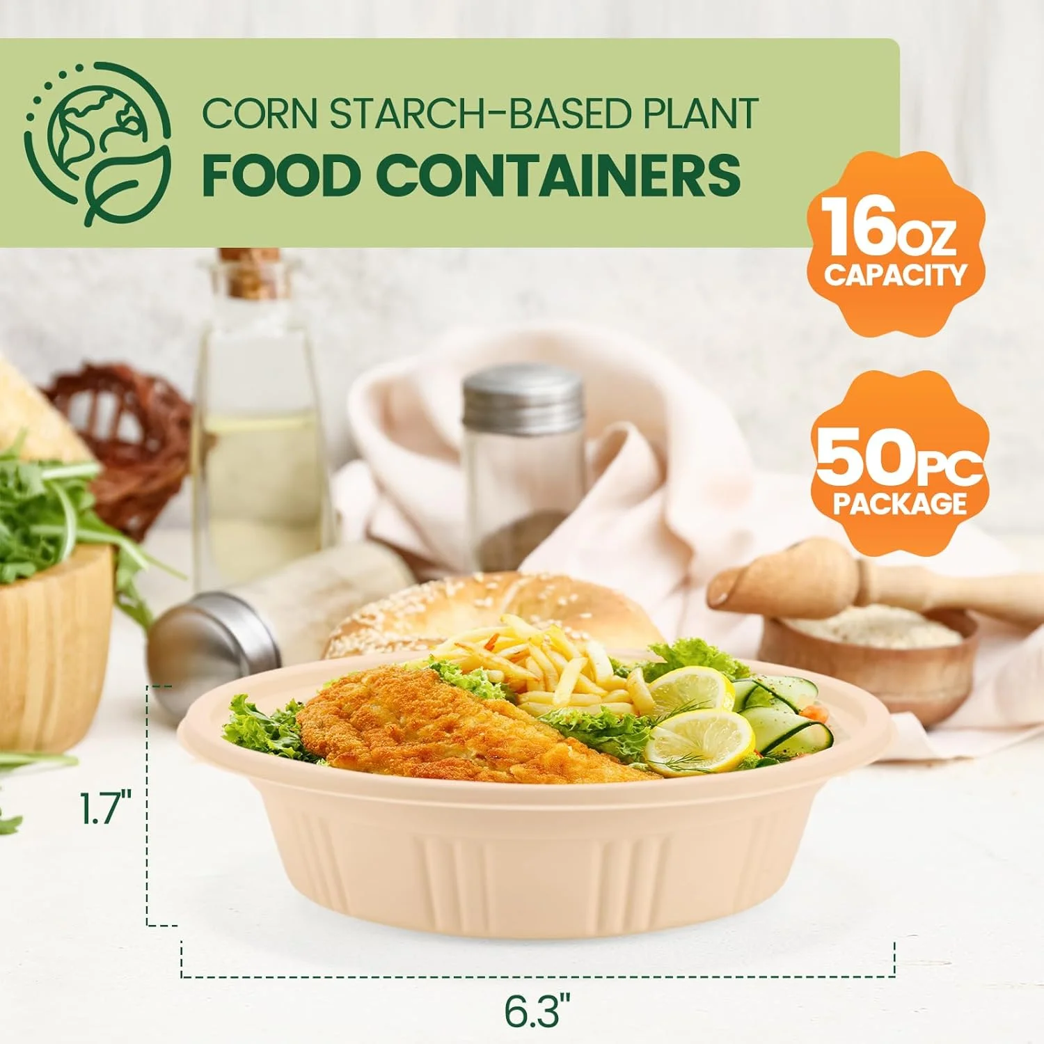 ظروف آماده سازی غذا 100 عددی (50 بسته) با درب، ظروف غذای 100% کمپوست پذیر کاسه ناهار نشاسته ذرت زیست تخریب پذیر برای سالاد، ظروف گرد بیرون بر قابل استفاده در مایکروویو و فریزر، 16 اونس