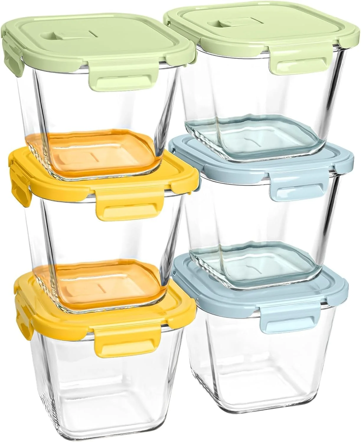 ظروف شیشه ای سوپ با درب 1000 میلی لیتر، ظروف نگهداری مواد غذایی شیشه ای بوروسیلیکات 4 پیمانه، شیشه های ایمن برای مایکروویو و فریزر، کاسه آماده سازی غذای مربعی برای سالاد، میوه، ناهار، بستنی، مسافرت (6 عدد - 3 رنگ)